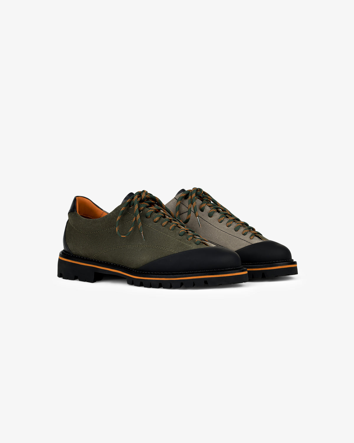 The Suede Derby Hiker: olive green lace-up shoes with black toe caps, rugged soles, and brown accents.