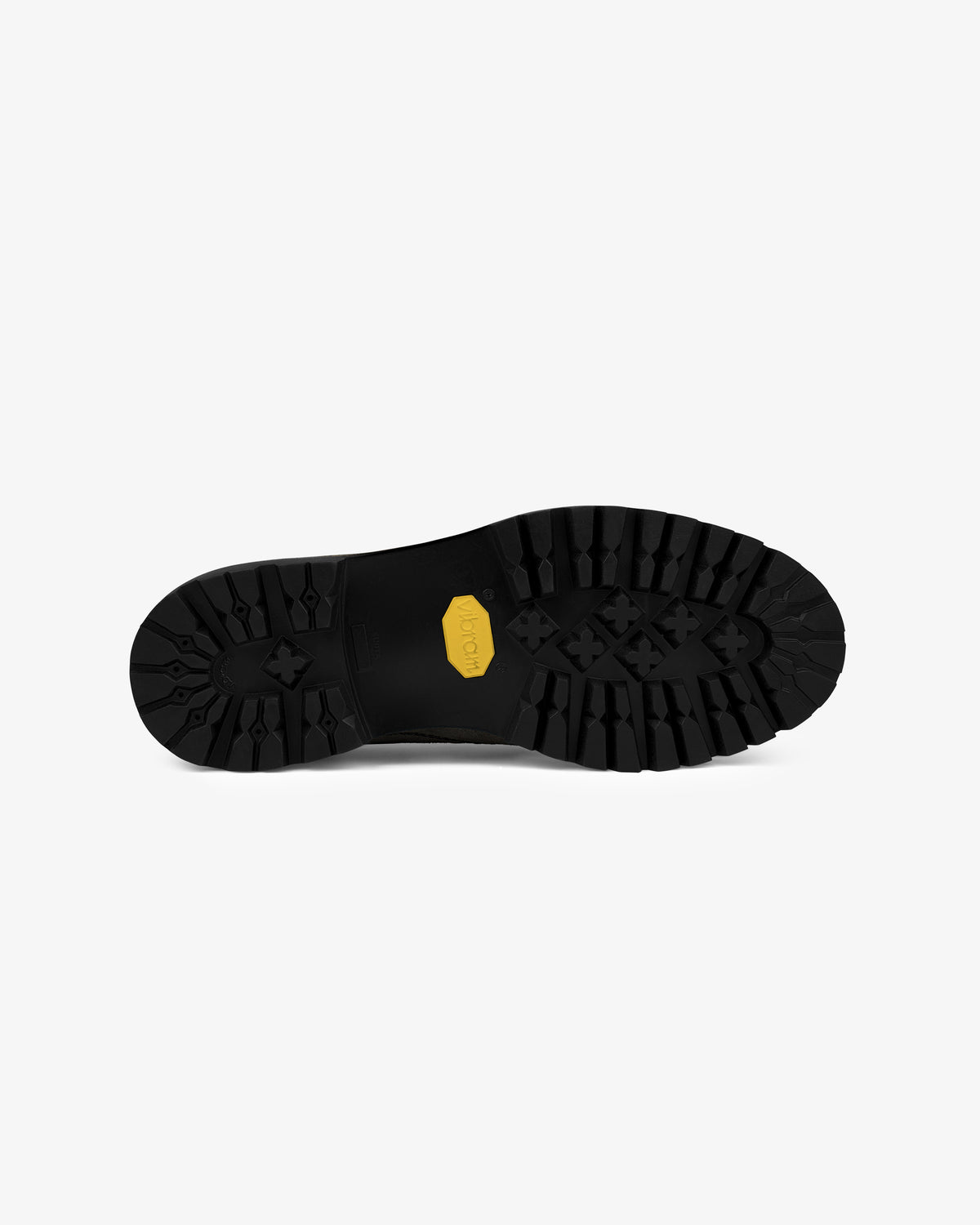 The Suede Derby Hiker features a black rubber outsole with deep treads and a yellow Vibram logo at the center.
