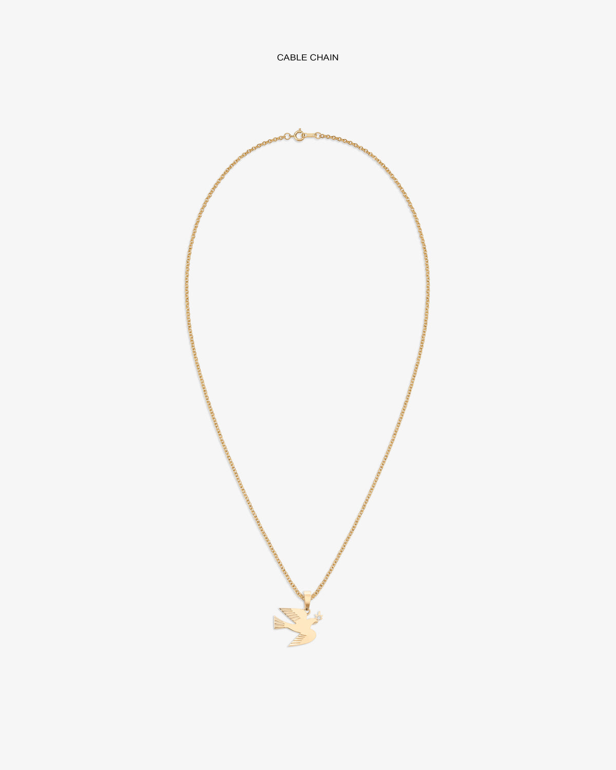 14Kt Gold Dove Pendant on a gold cable chain, displayed against a plain white background.