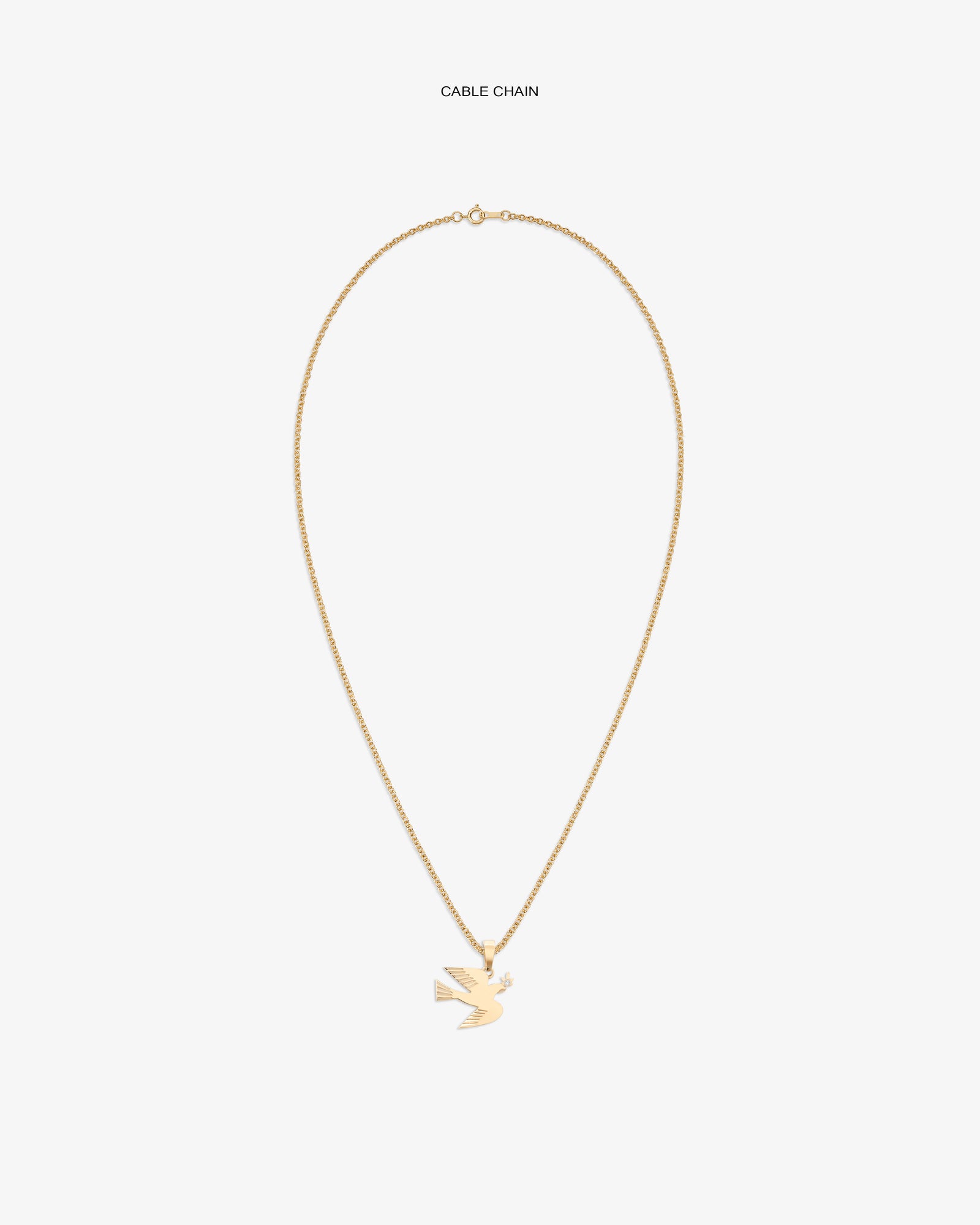 14Kt Gold Dove Pendant on a gold cable chain, displayed against a plain white background.