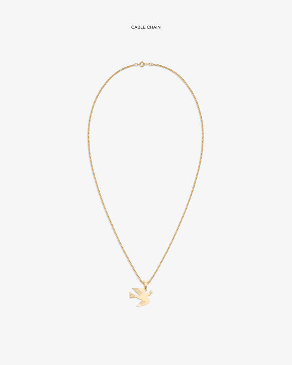 14Kt Gold Dove Pendant on a gold cable chain, displayed against a plain white background.