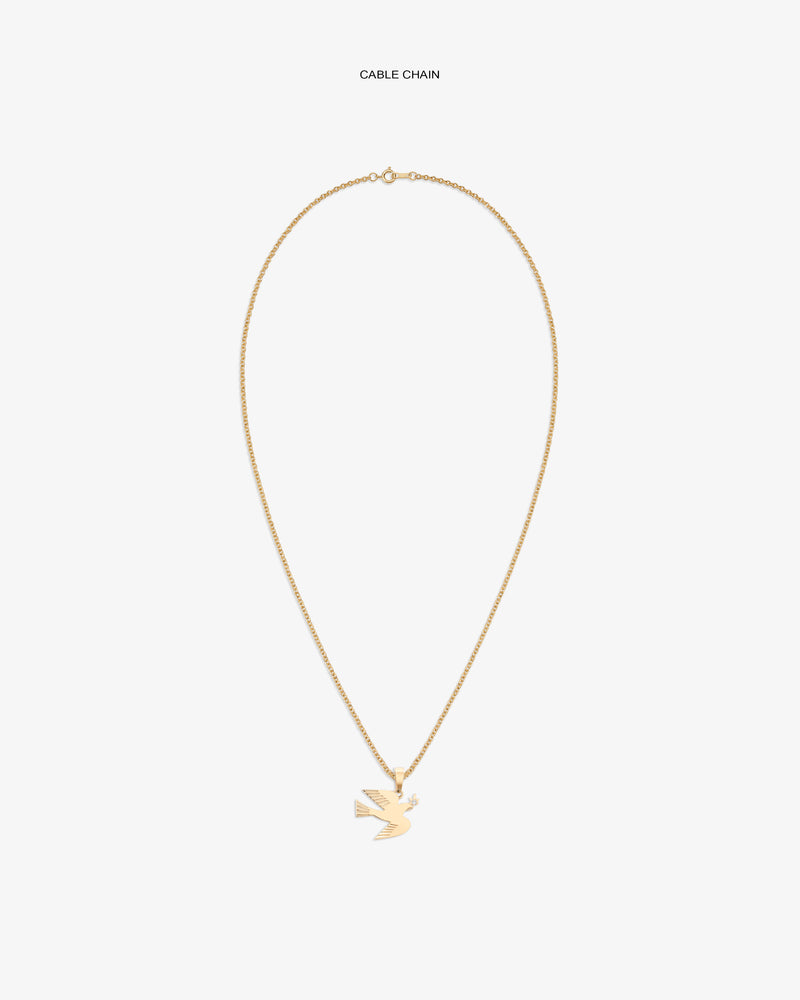 14Kt Gold Dove Pendant on a gold cable chain, displayed against a plain white background.