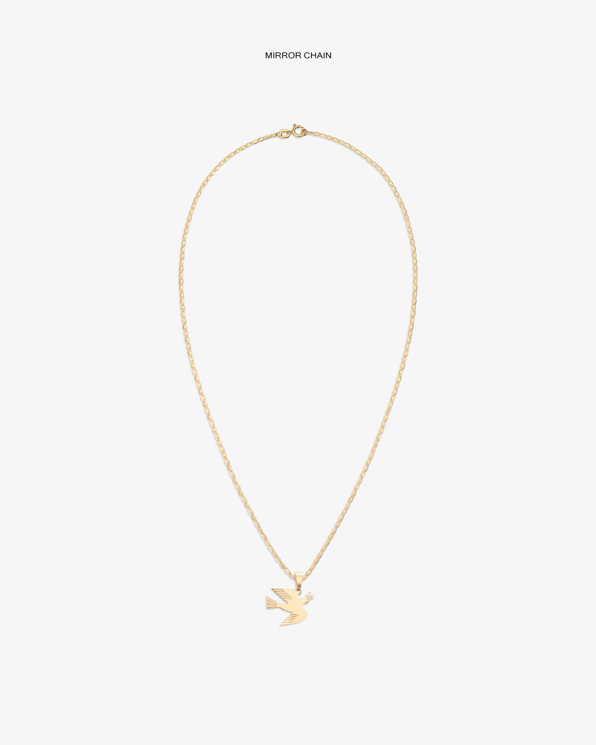 14Kt Gold Dove Pendant features a thin chain and bird-shaped charm, displayed on a plain white background.