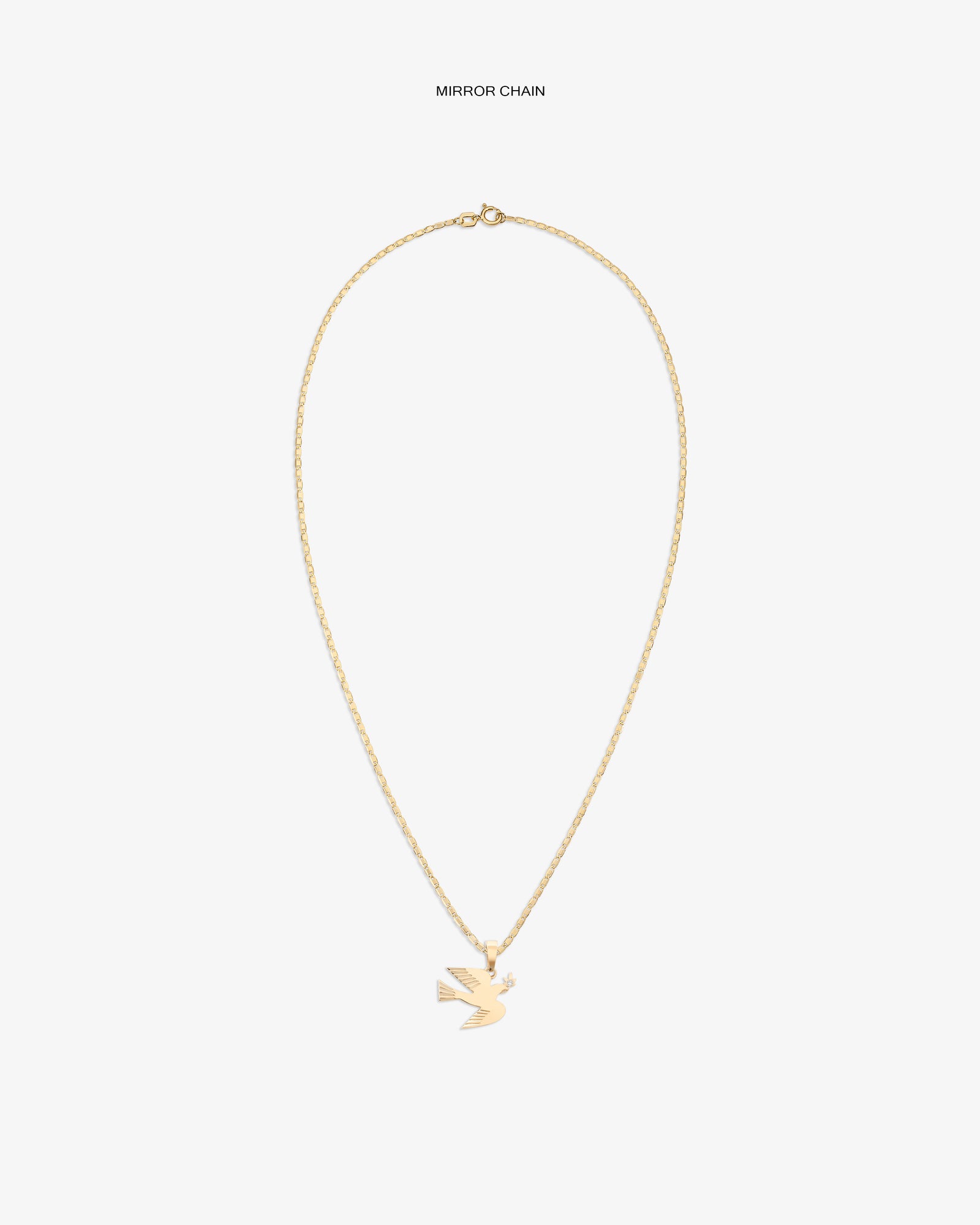 14Kt Gold Dove Pendant features a thin chain and bird-shaped charm, displayed on a plain white background.
