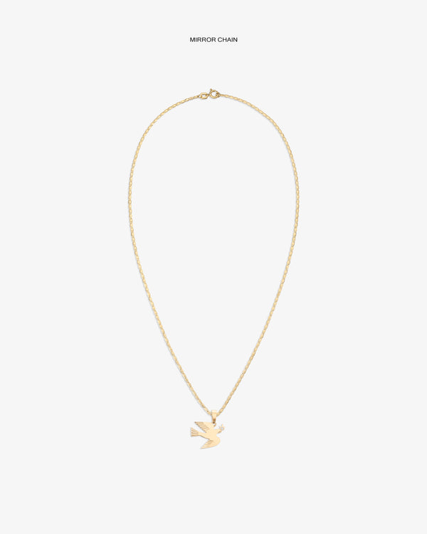 14Kt Gold Dove Pendant features a thin chain and bird-shaped charm, displayed on a plain white background.