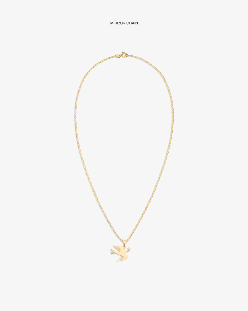 14Kt Gold Dove Pendant features a thin chain and bird-shaped charm, displayed on a plain white background.