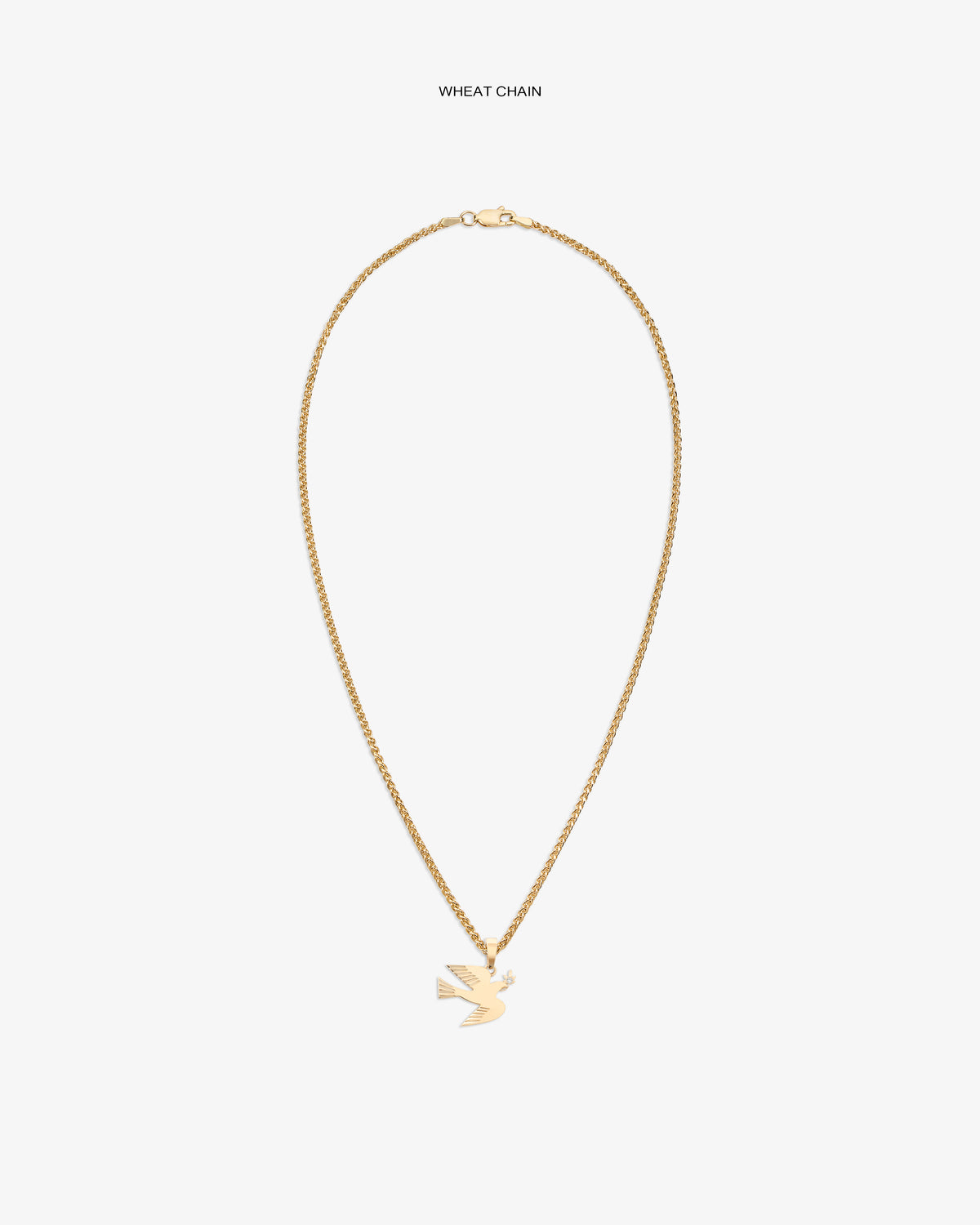 14Kt gold dove pendant displayed on a wheat chain against a white background.