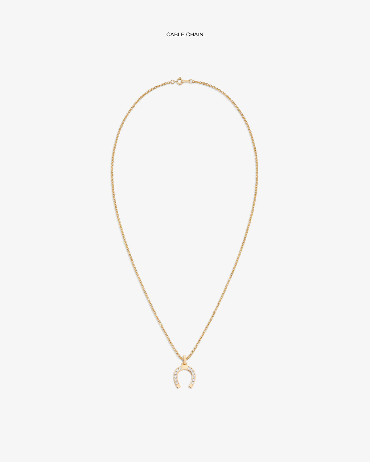 Diamond Horseshoe Pendant on a gold chain, featuring small white stones, displayed on a white background.