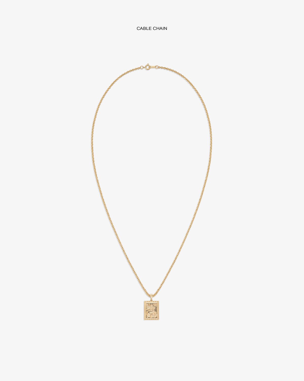 14Kt Gold Saint George Pendant on a cable chain, shown against a white background.