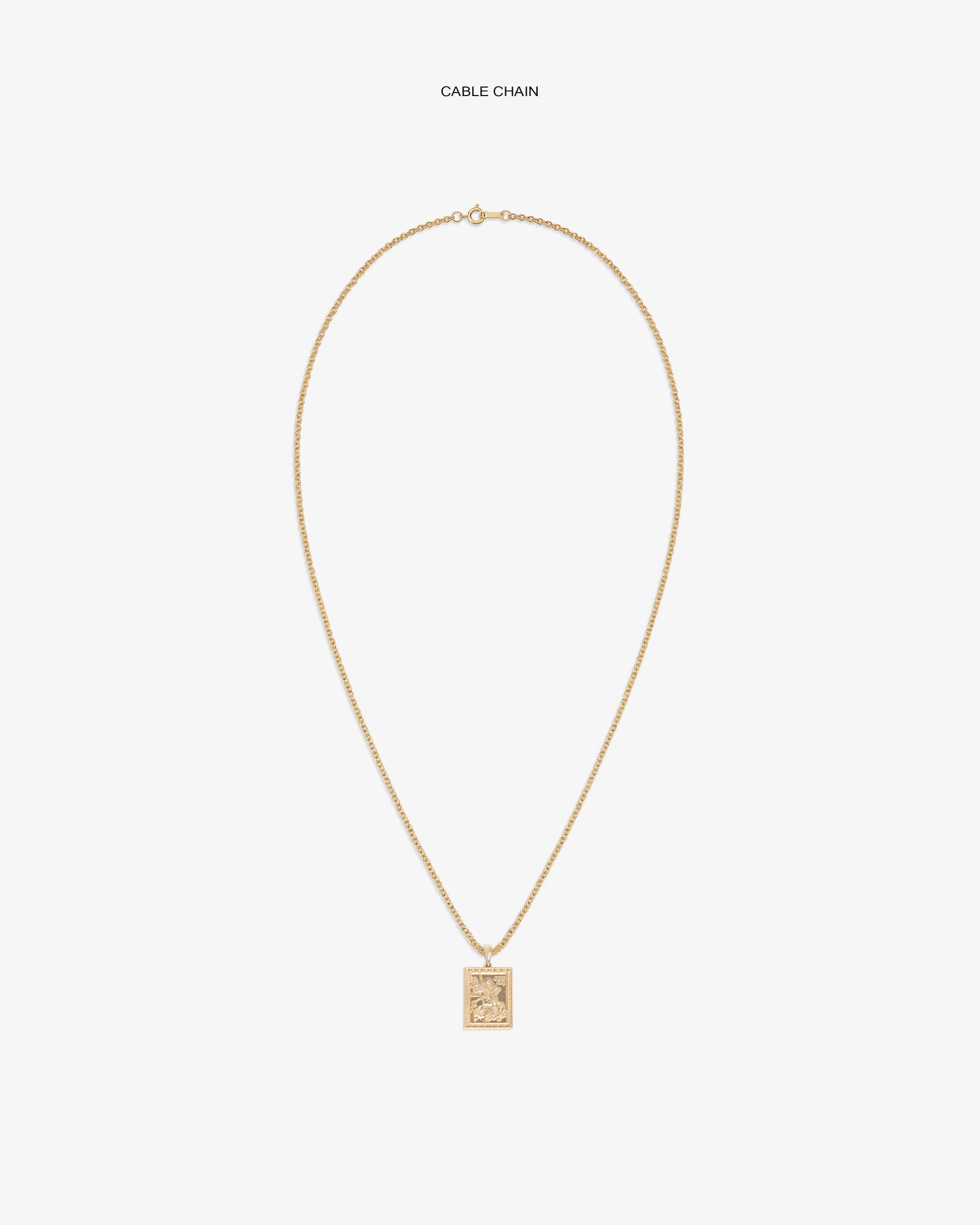 14Kt Gold Saint George Pendant on a cable chain, shown against a white background.