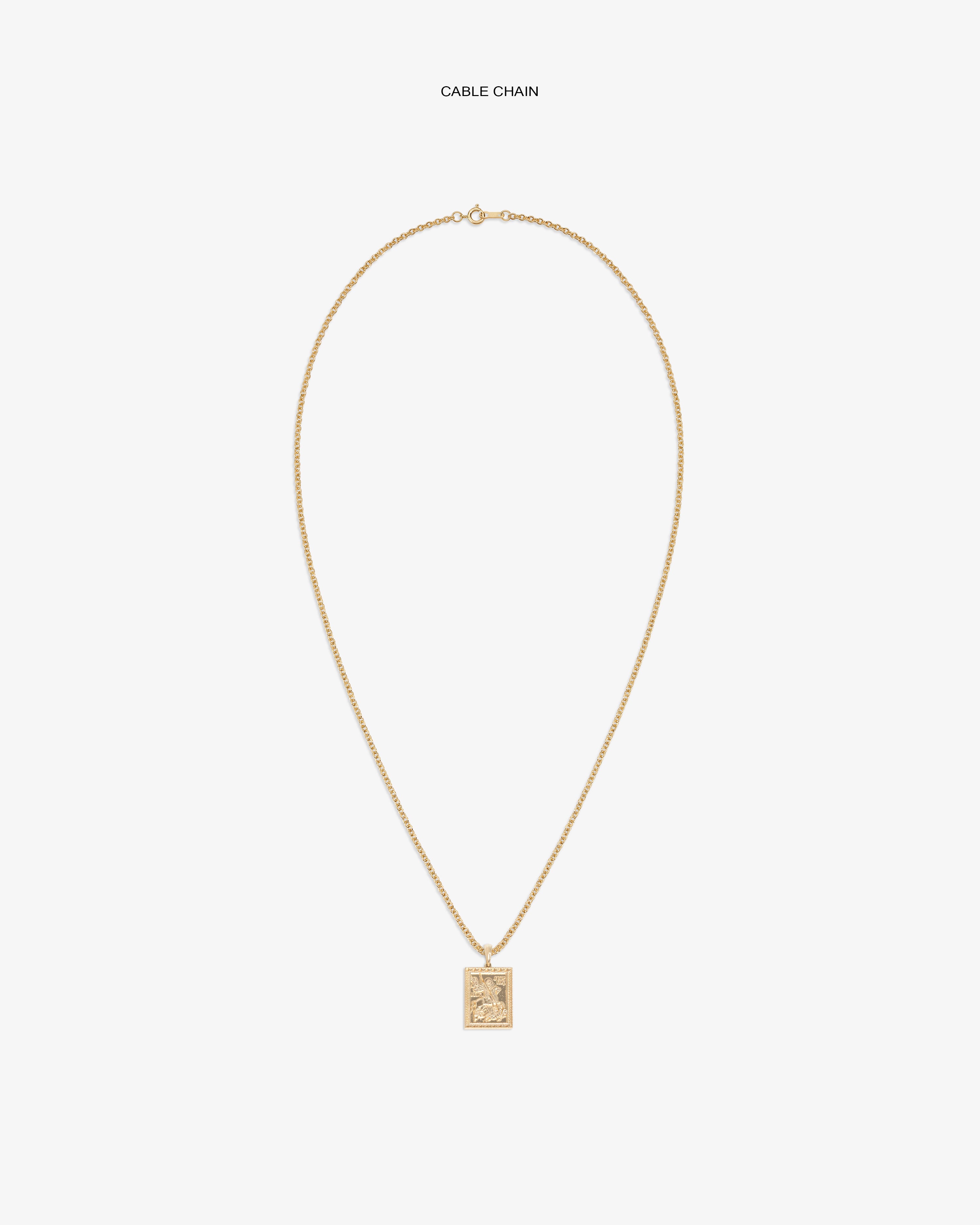 14Kt Gold Saint George Pendant on a cable chain, shown against a white background.