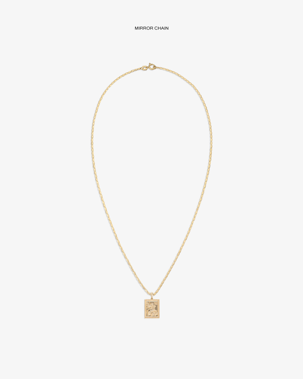 14Kt Gold Saint George Pendant necklace with rectangular charm, shown on a plain white background.