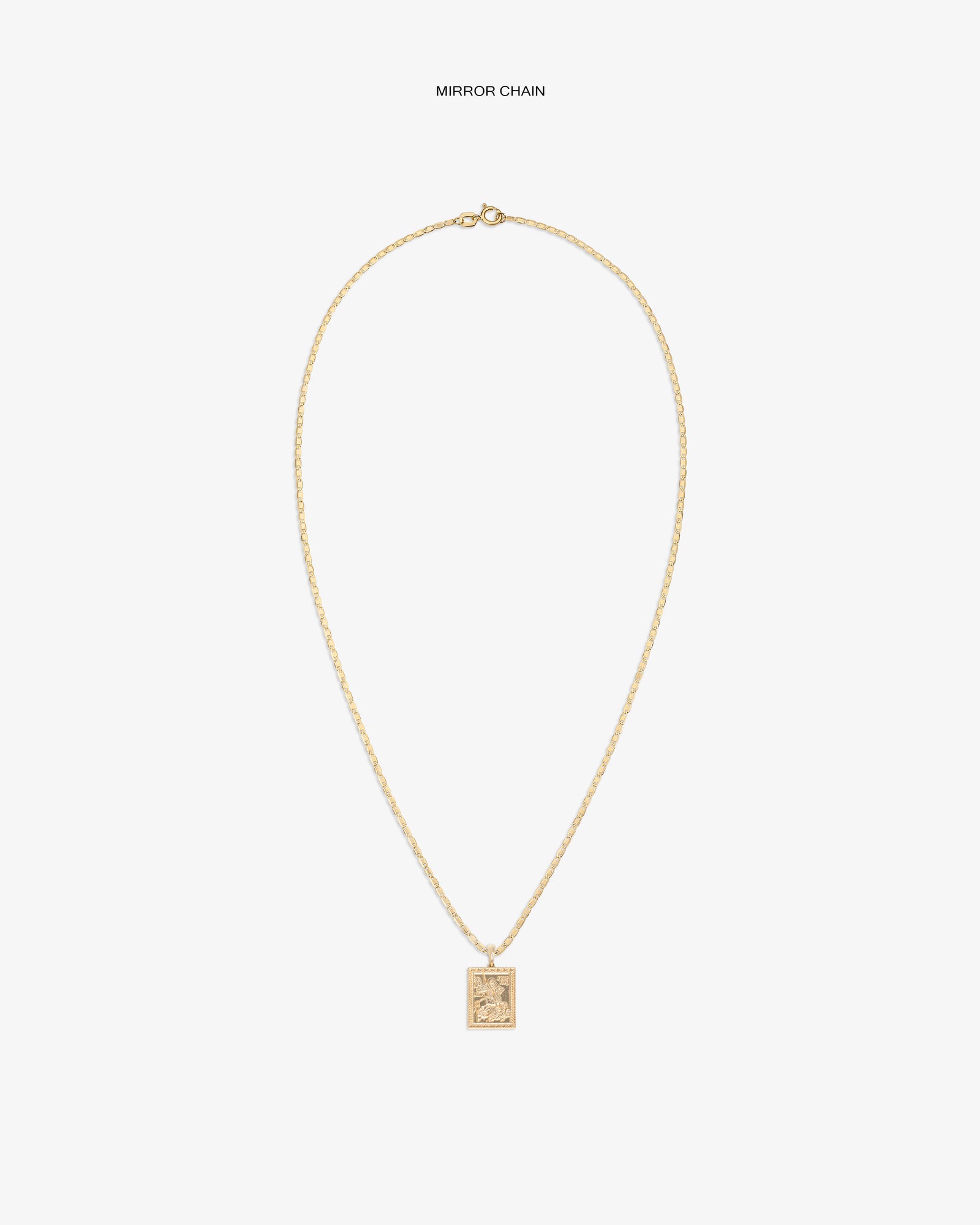 14Kt Gold Saint George Pendant necklace with rectangular charm, shown on a plain white background.