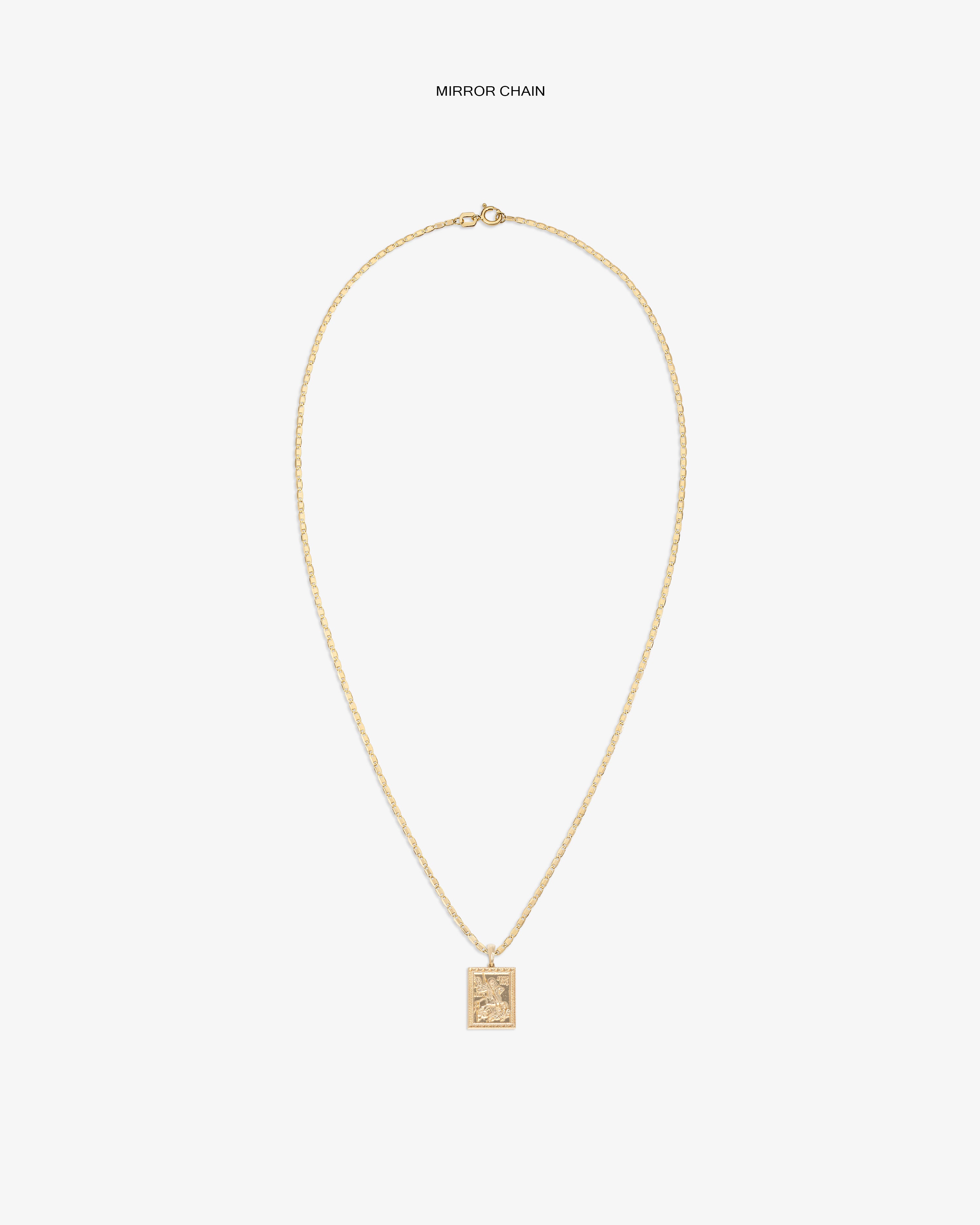 14Kt Gold Saint George Pendant necklace with rectangular charm, shown on a plain white background.
