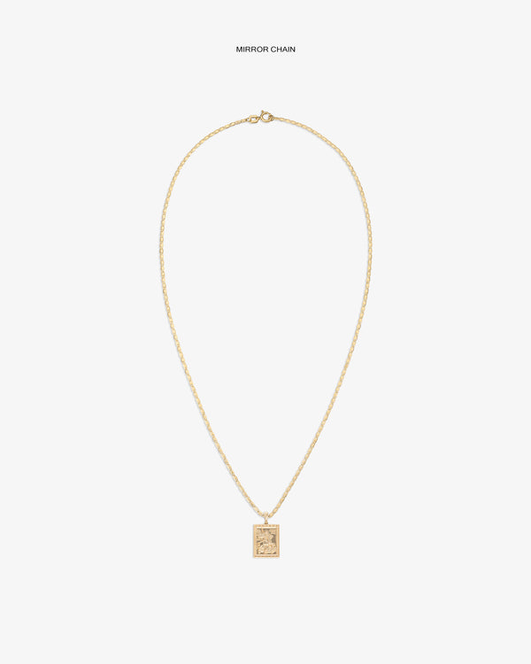 14Kt Gold Saint George Pendant necklace with rectangular charm, shown on a plain white background.