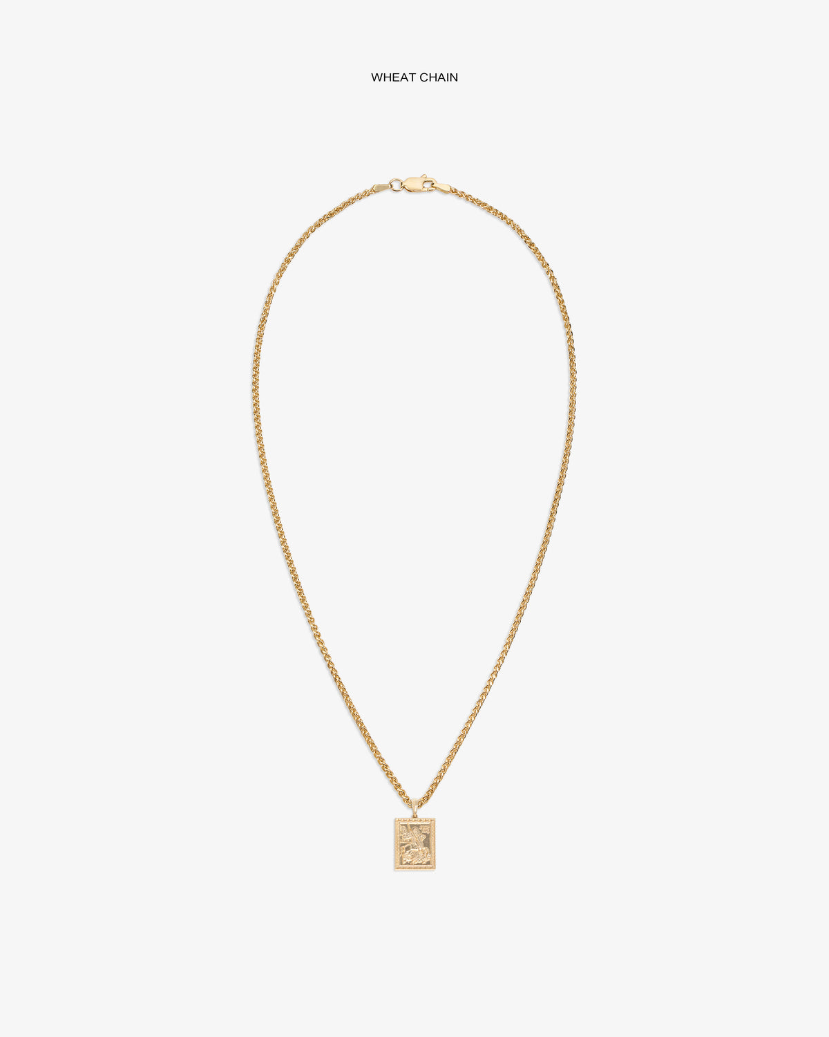 14Kt Gold Saint George Pendant on a wheat chain, shown against a white background.