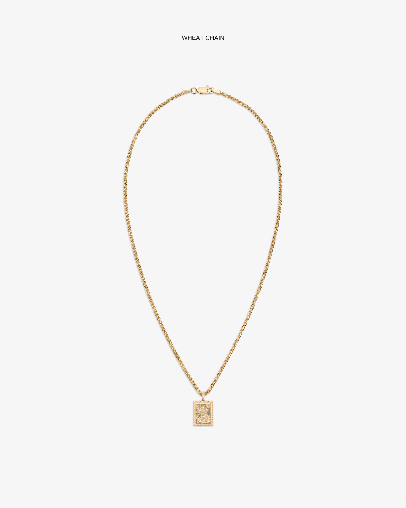 14Kt Gold Saint George Pendant on a wheat chain, shown against a white background.
