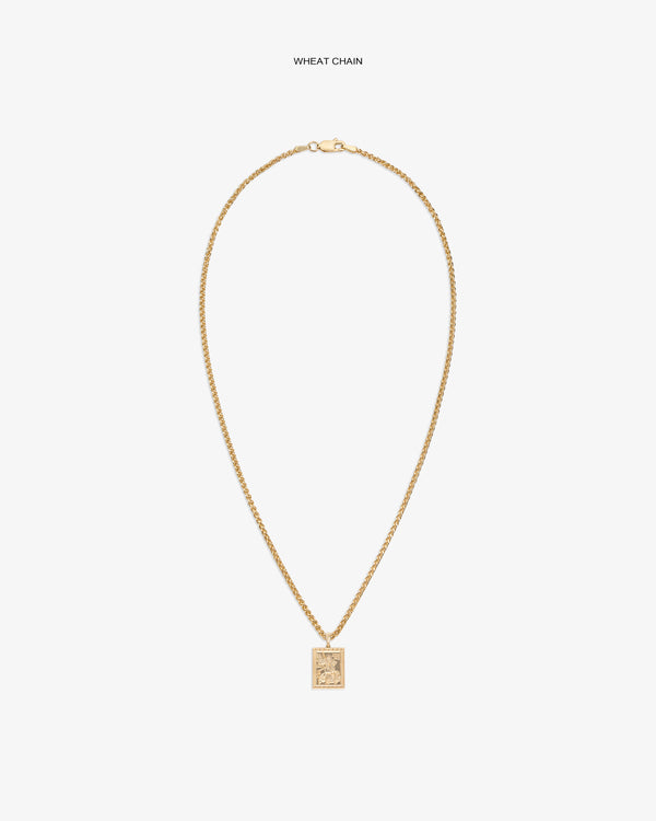 14Kt Gold Saint George Pendant on a wheat chain, shown against a white background.