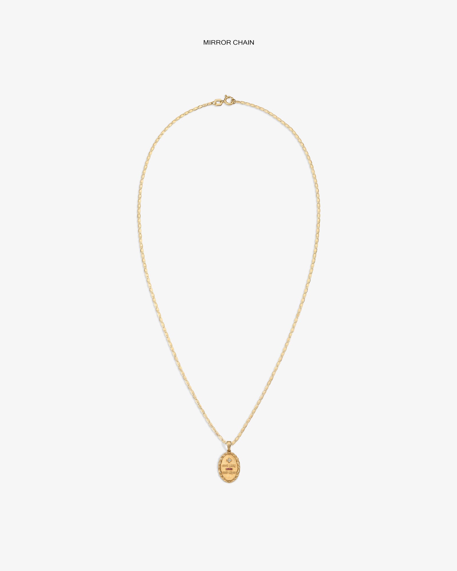 14Kt Gold Love Poem Pendant necklace with a mirror chain on a plain white background.