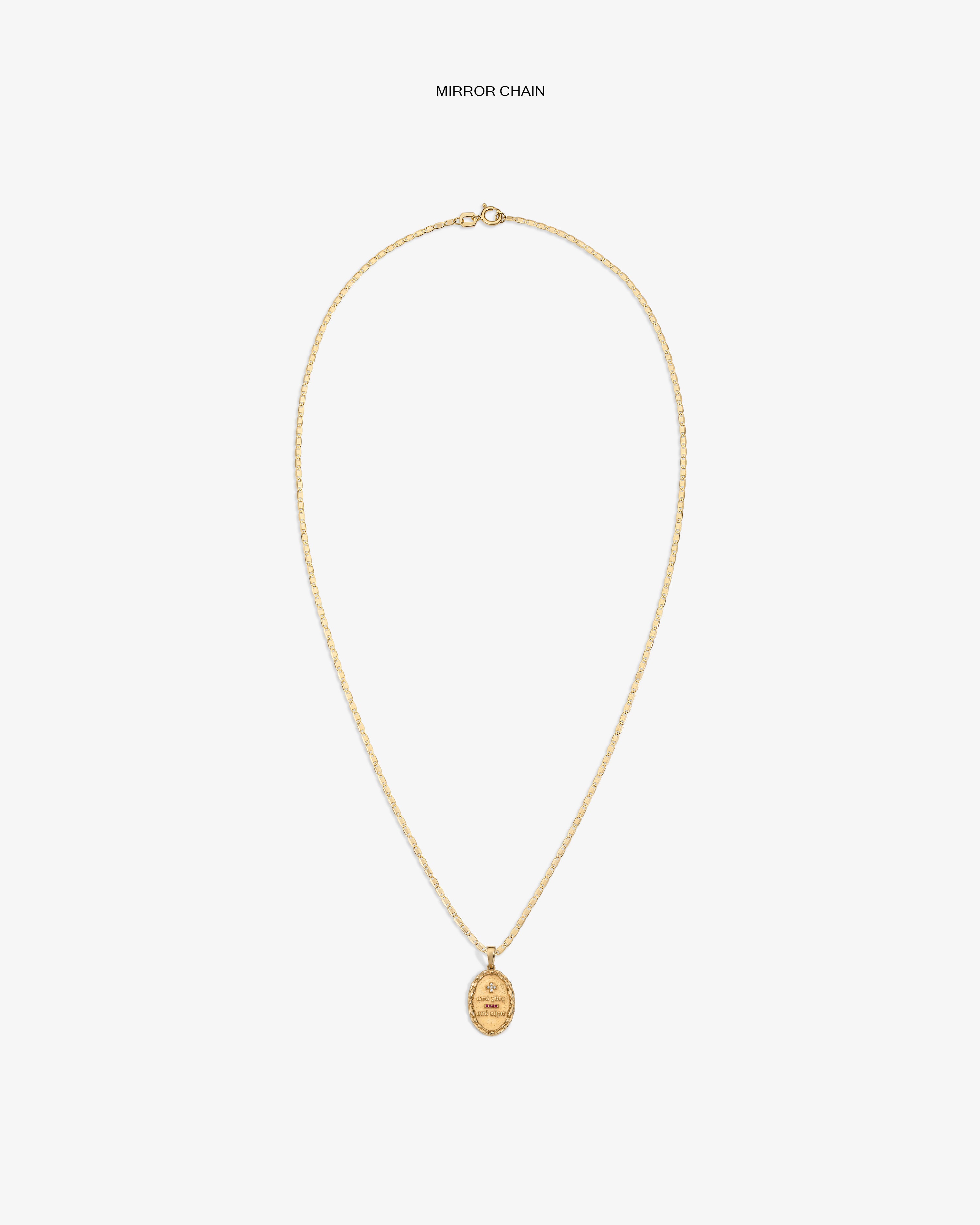 14Kt Gold Love Poem Pendant necklace with a mirror chain on a plain white background.