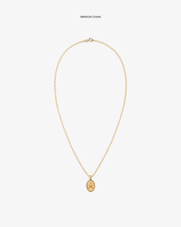 14Kt Gold Love Poem Pendant necklace with a mirror chain on a plain white background.