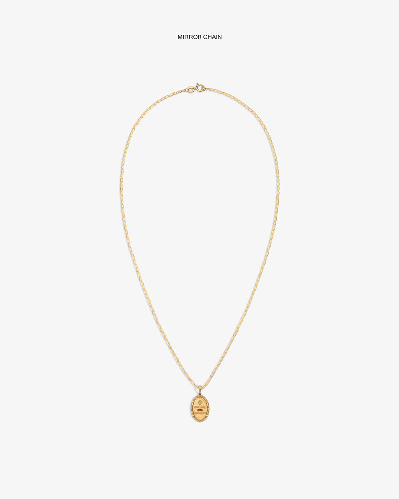 14Kt Gold Love Poem Pendant necklace with a mirror chain on a plain white background.