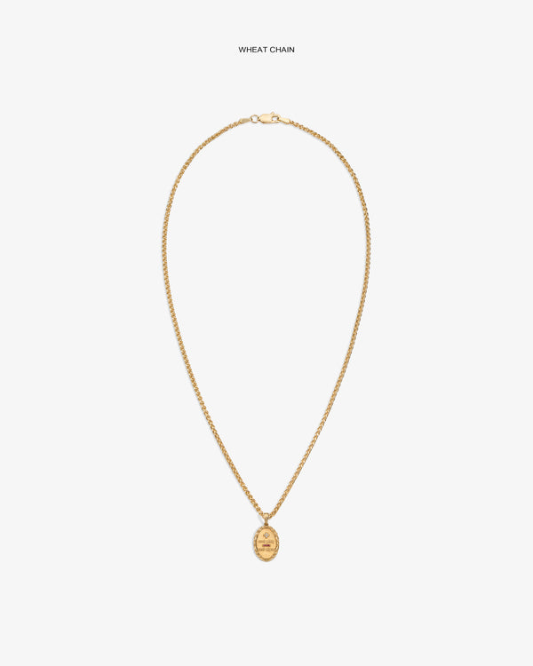 14Kt Gold Love Poem Pendant on a wheat chain, shown against a plain white background.