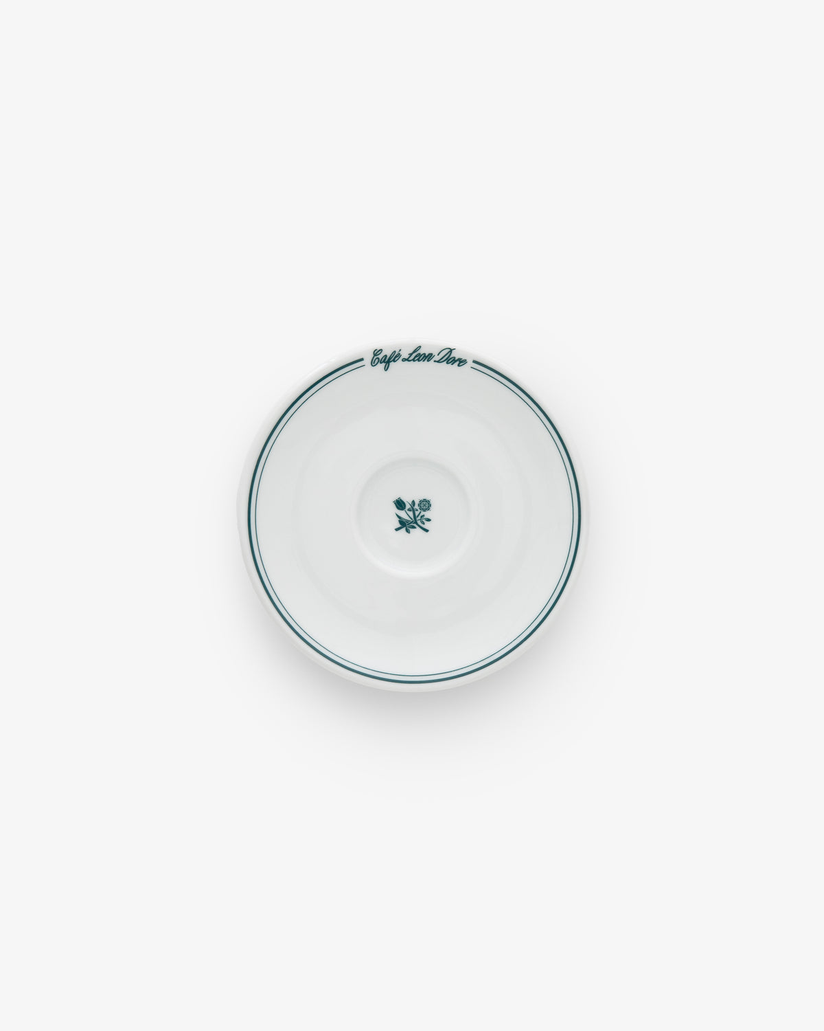 Café Leon Dore espresso cup & saucer set (6): white ceramic, green border, floral emblem, script near the rim.