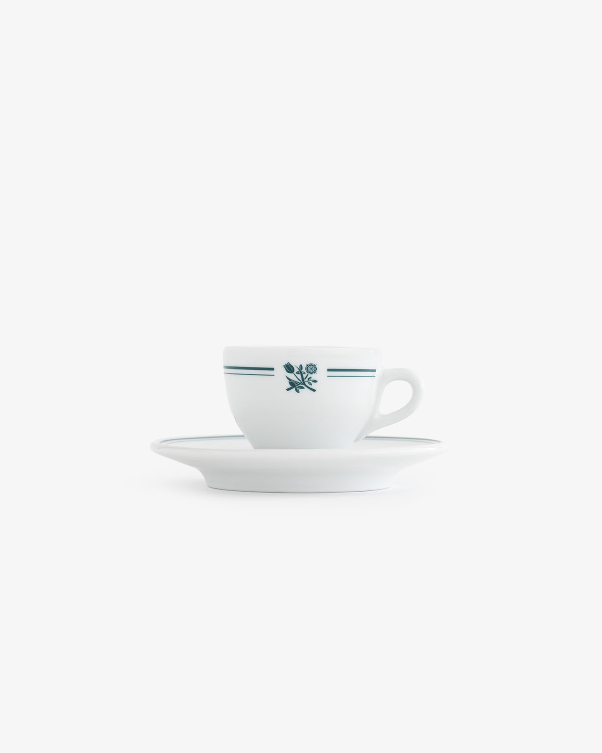 Café Leon Dore Espresso Cup & Saucer set of 6 in white with green lines and floral pattern, shown on a plain background.