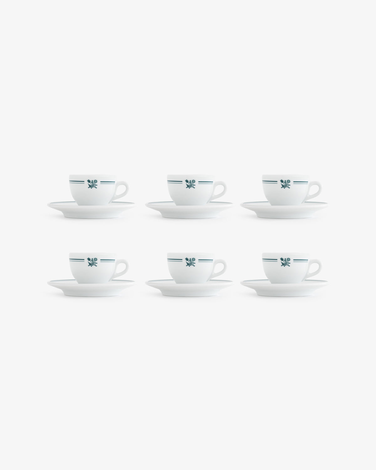 Set of 6 Café Leon Dore Espresso Cups & Saucers with blue lines and small blue floral design, arranged in two rows.