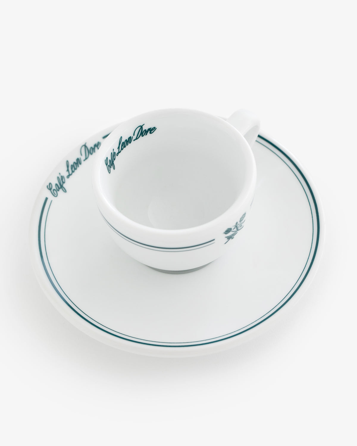 Café Leon Dore Espresso Cup & Saucer Set of 6 with green stripes and logo text on both pieces, on white background.