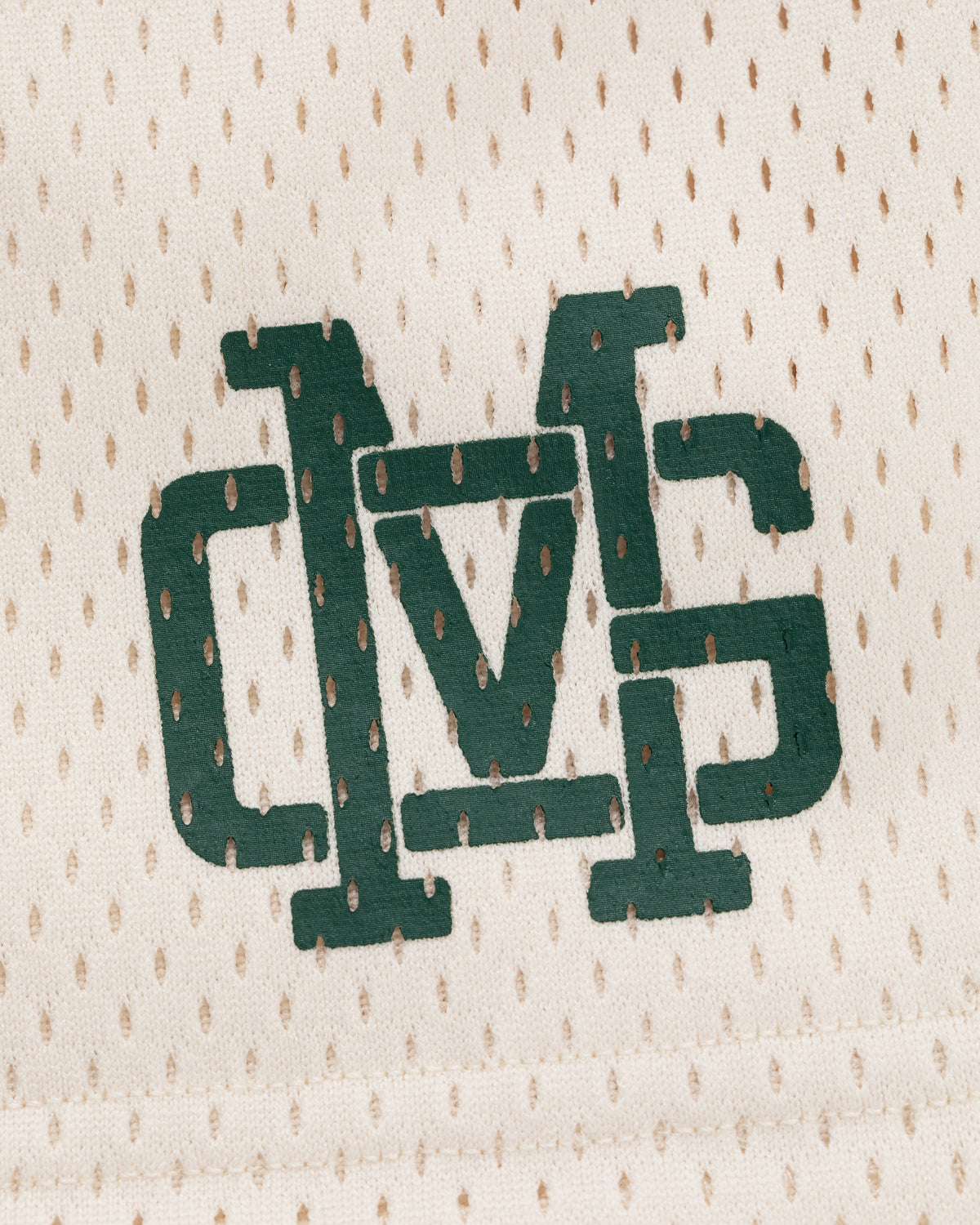 ALD / New Balance SONNY NY Gym Short: Green MVP logo on white mesh with small perforated holes.