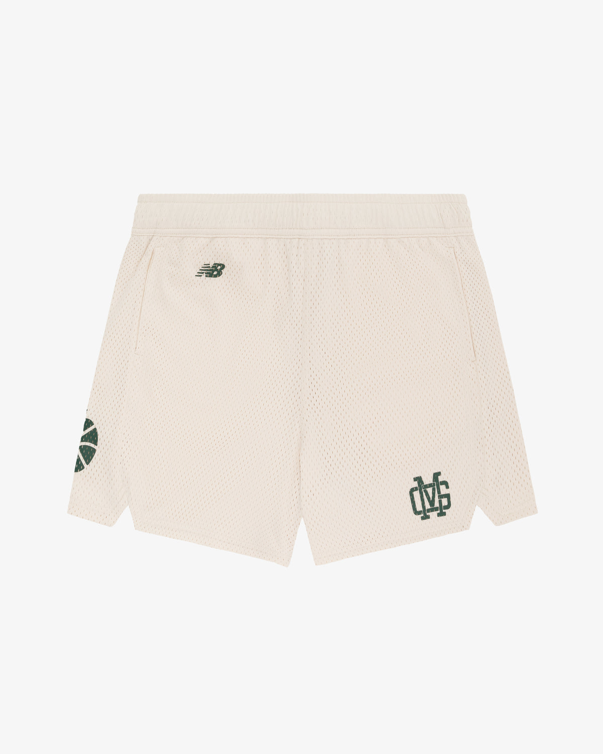 ALD / New Balance SONNY NY Gym Short in cream mesh with green logos and side slits, laid flat on white background.