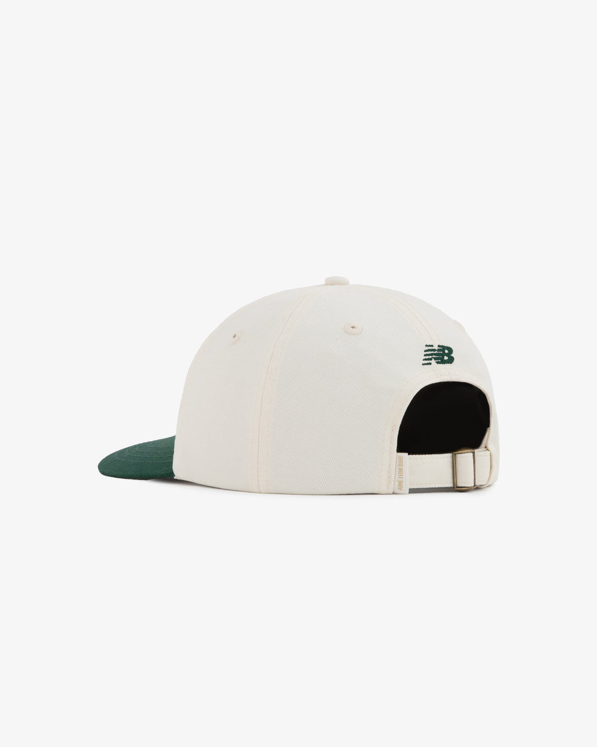 Back view of the ALD / New Balance SONNY NY IFTB Hat: white cap, green brim, adjustable strap, green logo.