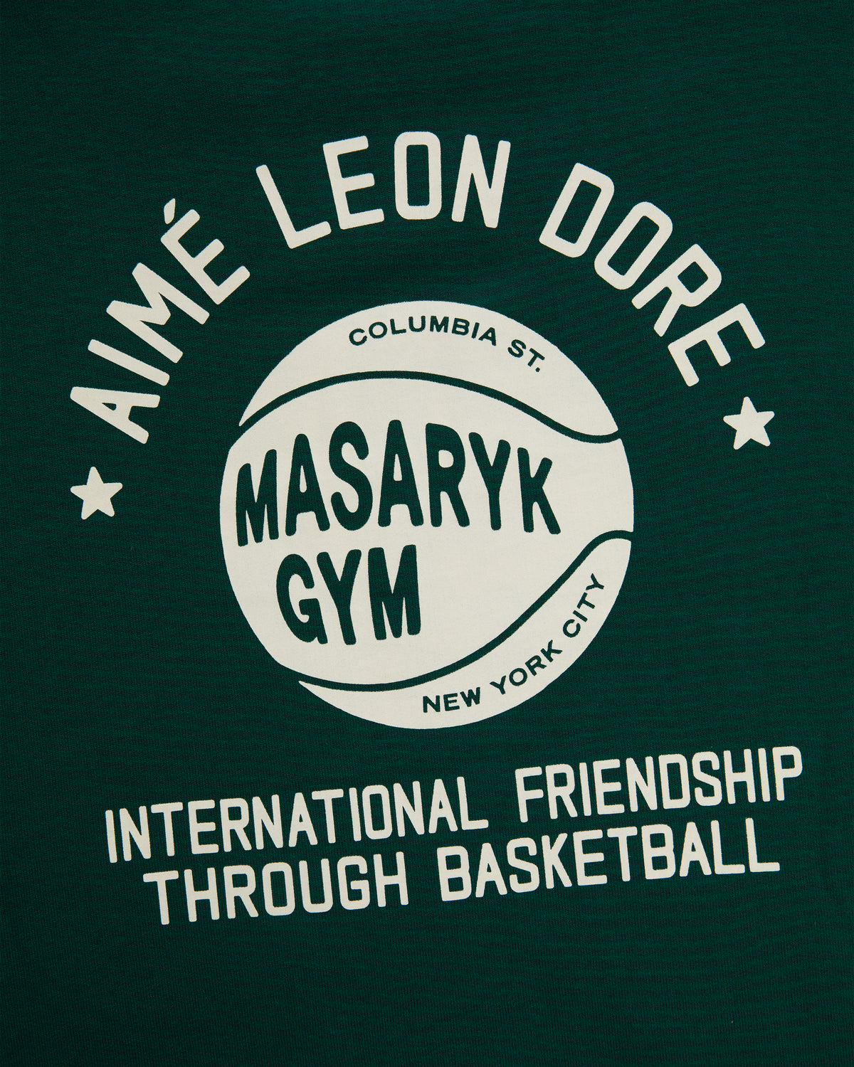 ALD/New Balance SONNY NY IFTB crewneck sweatshirt with white "Masaryk Gym, International Friendship Through Basketball" text.