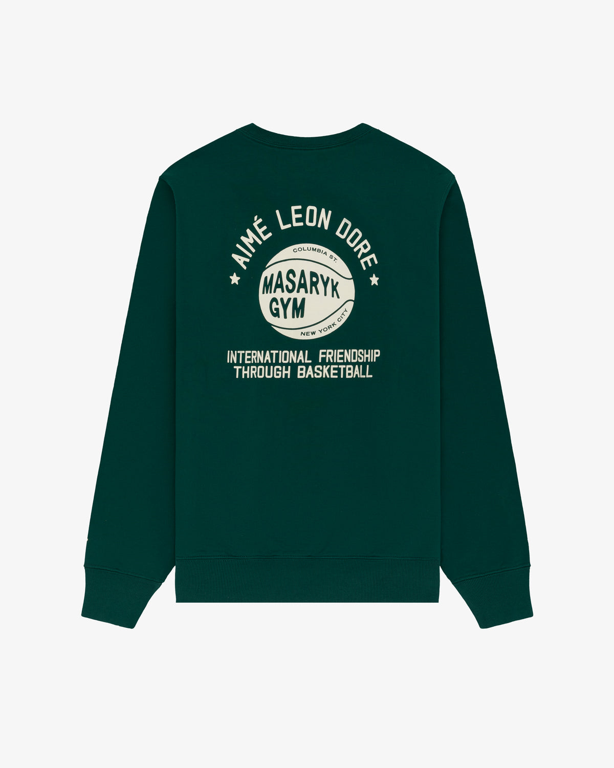 Dark green ALD/New Balance SONNY NY IFTB crewneck with basketball graphic and Masaryk Gym/international hoops text.