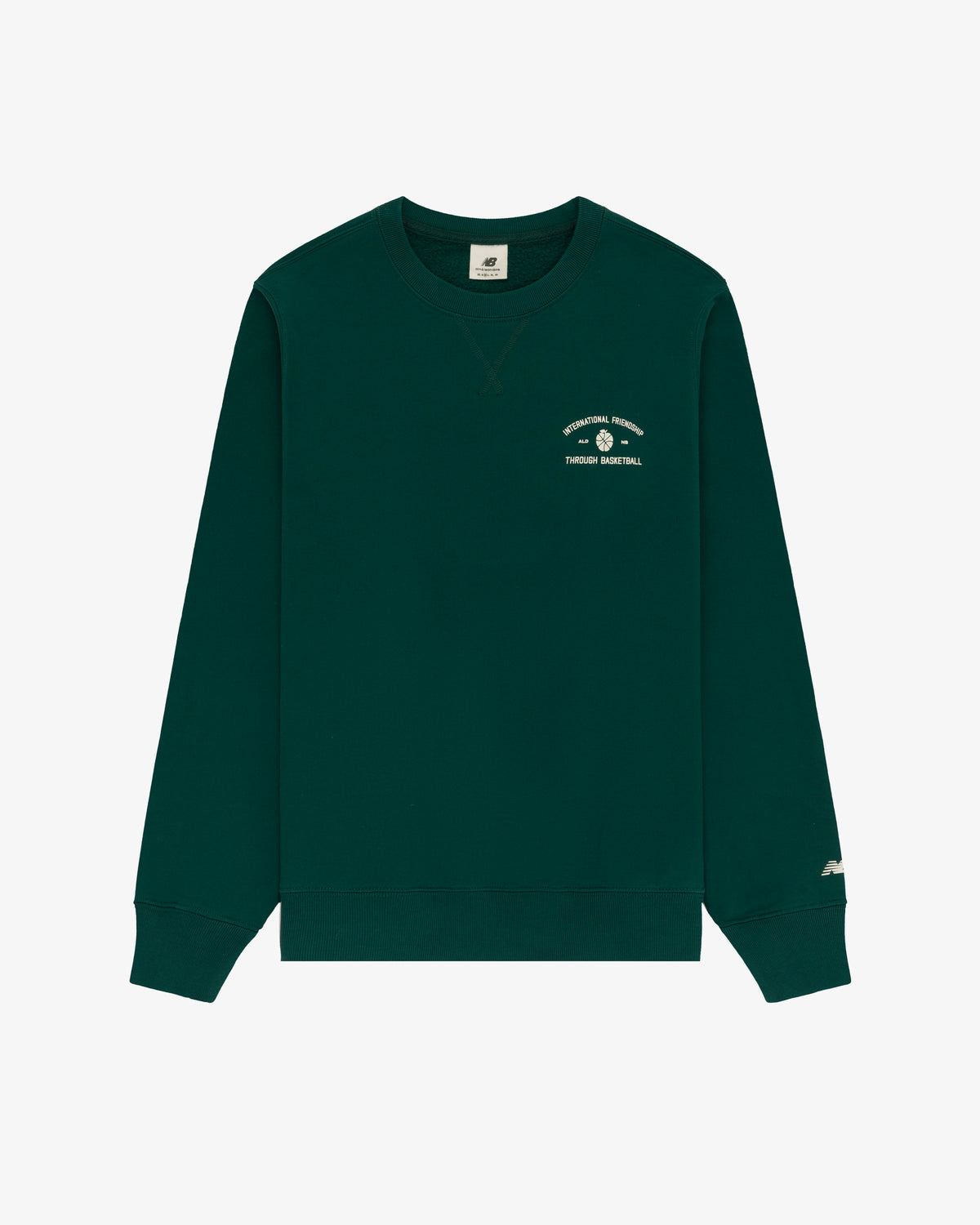 ALD / New Balance SONNY NY IFTB crewneck sweatshirt in dark green with small white left chest text and logo.
