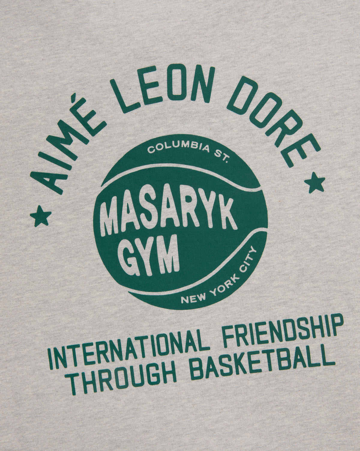 Gray ALD / New Balance SONNY NY IFTB Crewneck with green "Aimé Leon Dore, Masaryk Gym, International Friendship" text.
