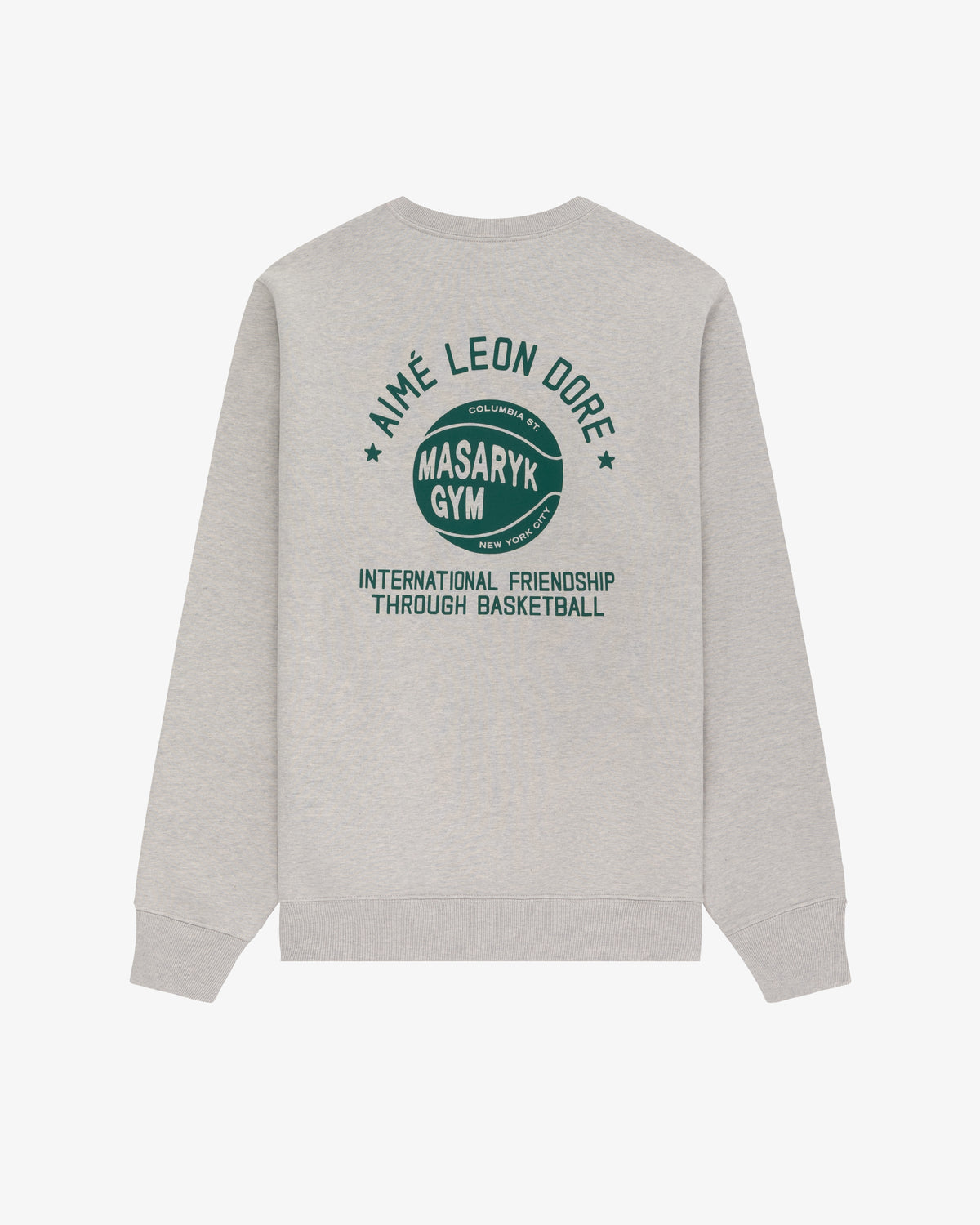 Gray ALD/New Balance SONNY NY IFTB crewneck with green AIME LEON DORE, MASARYK GYM, and IFTB text.