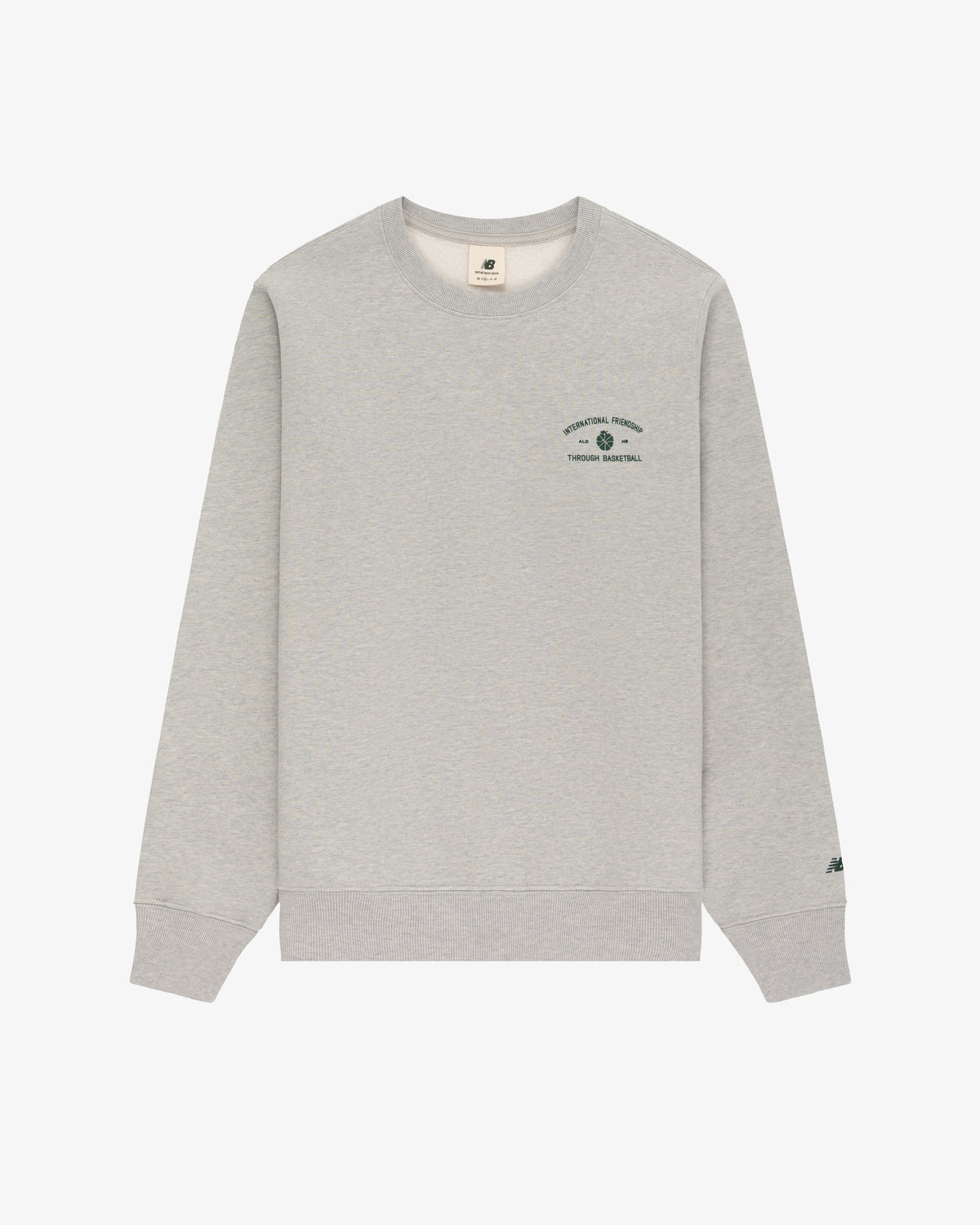 ALD / New Balance SONNY NY IFTB crewneck sweatshirt in light grey with green chest text and small green sleeve logo.