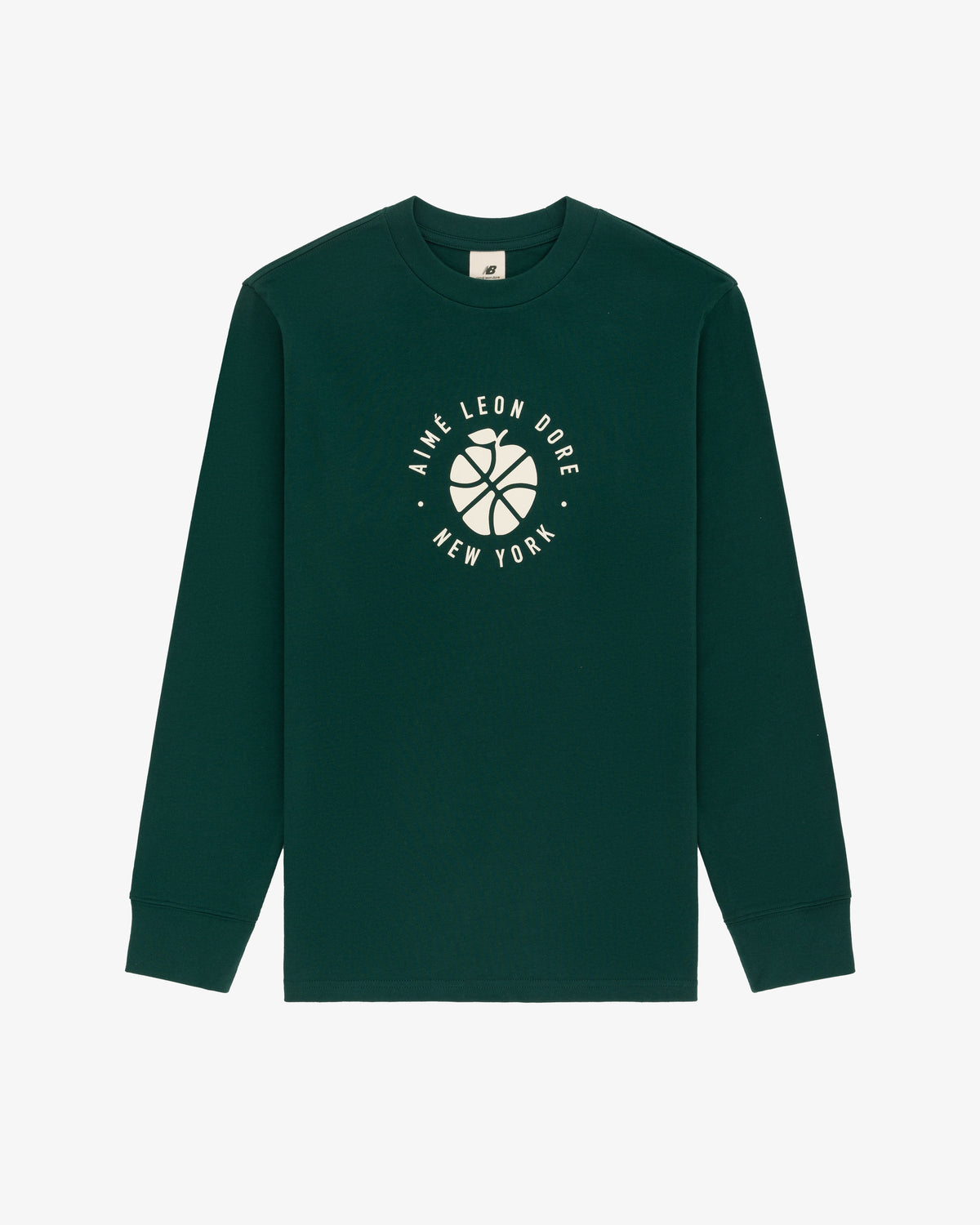 Dark green ALD/New Balance SONNY NY long-sleeve tee with white basketball graphic and Aime Leon Dore New York on front.