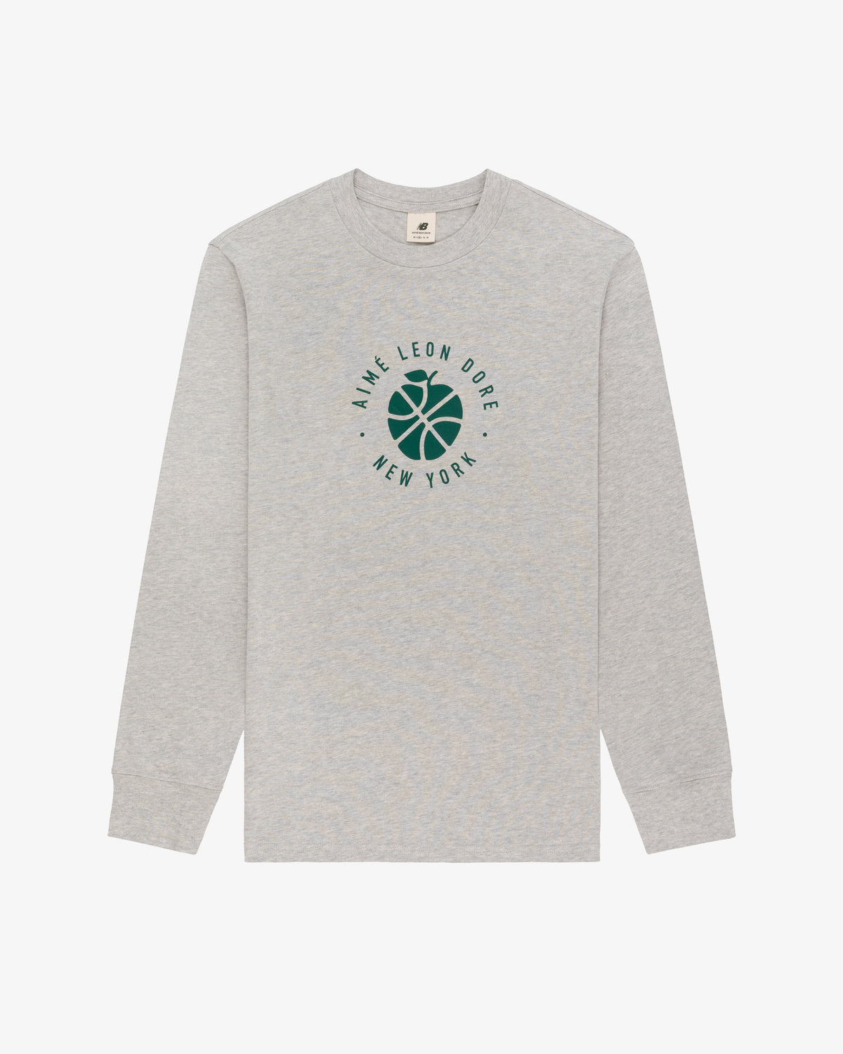 Light gray ALD / New Balance SONNY NY Long-Sleeve Tee with a green basketball logo and NY text on the chest.