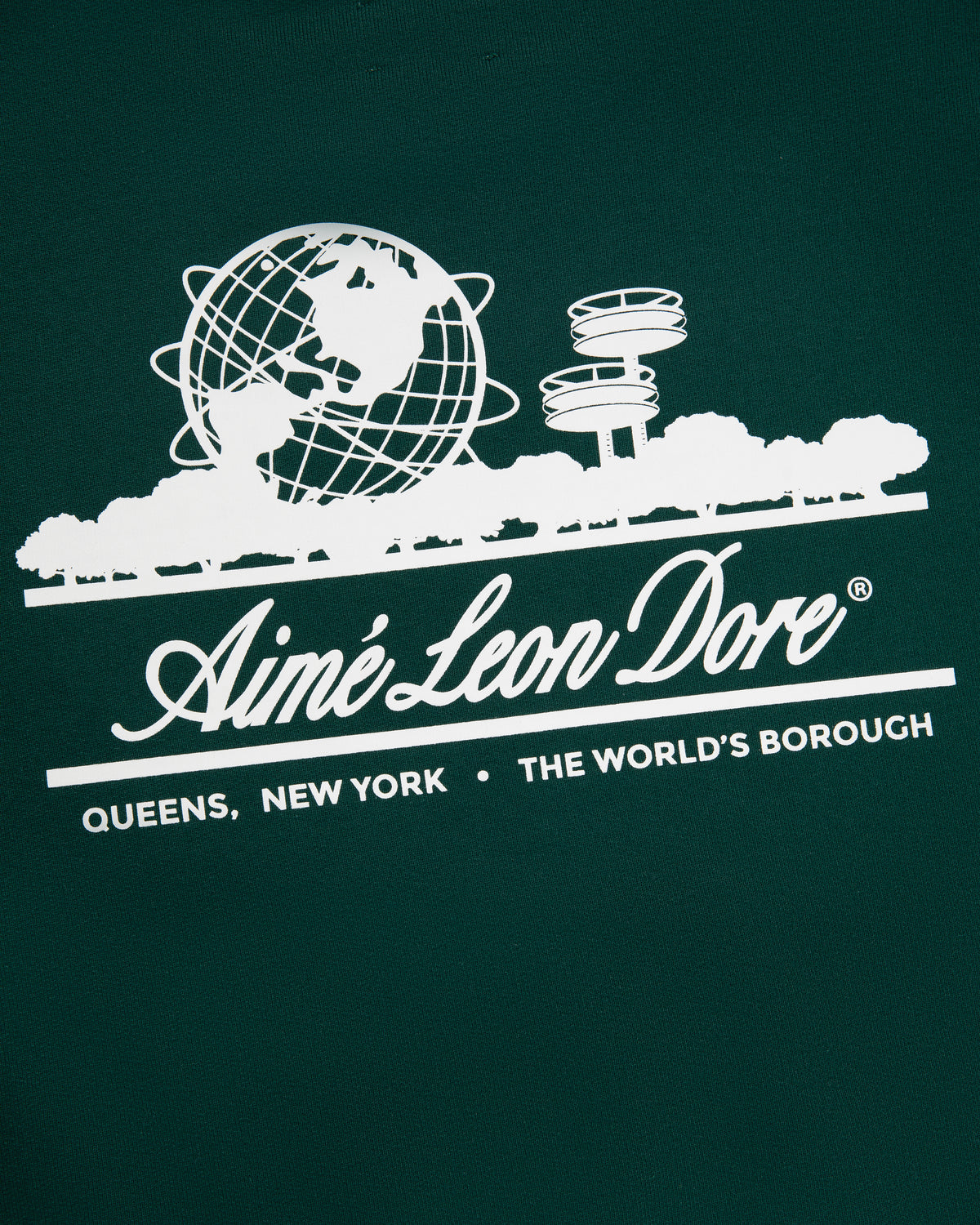 White Unisphere logo with globe, trees & Queens icons on dark green. Text: Queens, New York. The World's Borough.