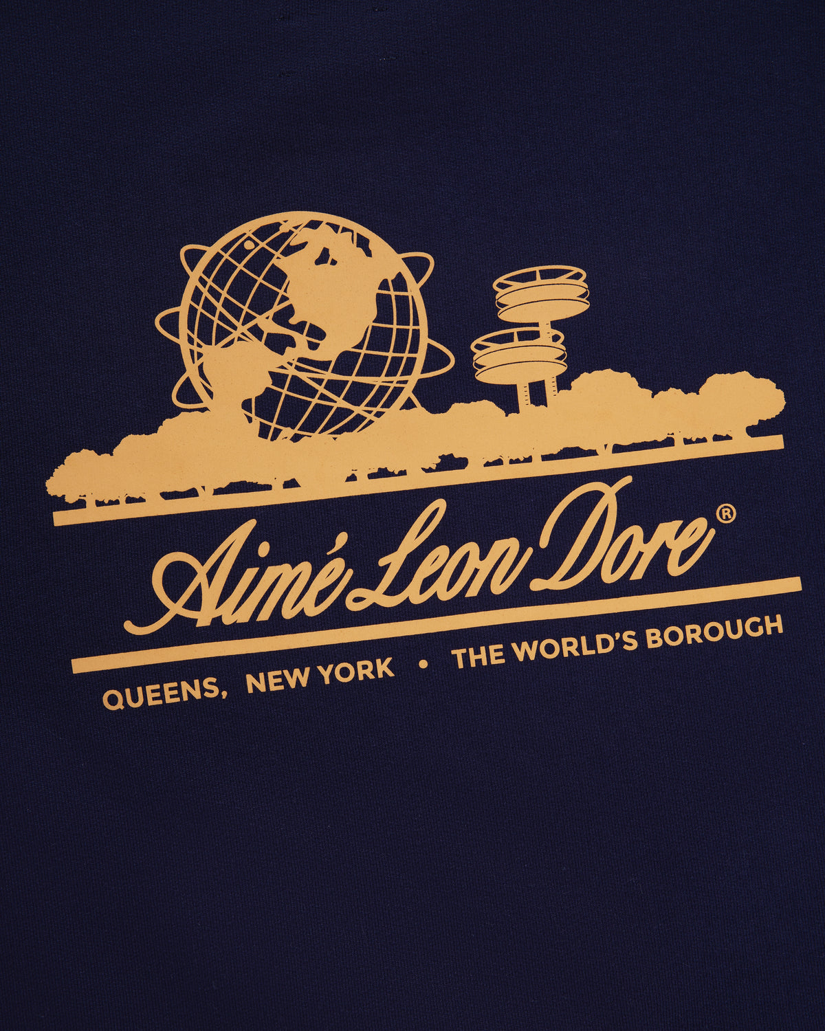 Unisphere Crewneck Sweatshirt featuring a yellow Aimé Leon Dore logo and Queens landmarks on dark blue.