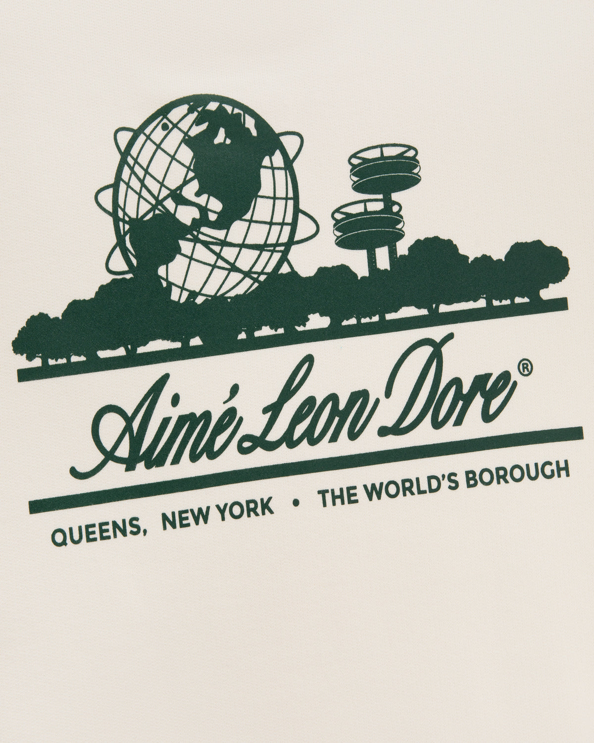 Dark green Unisphere Crewneck Sweatshirt with globe, skyline, and Aimé Leon Dore: Queens, New York, The Worlds Borough.