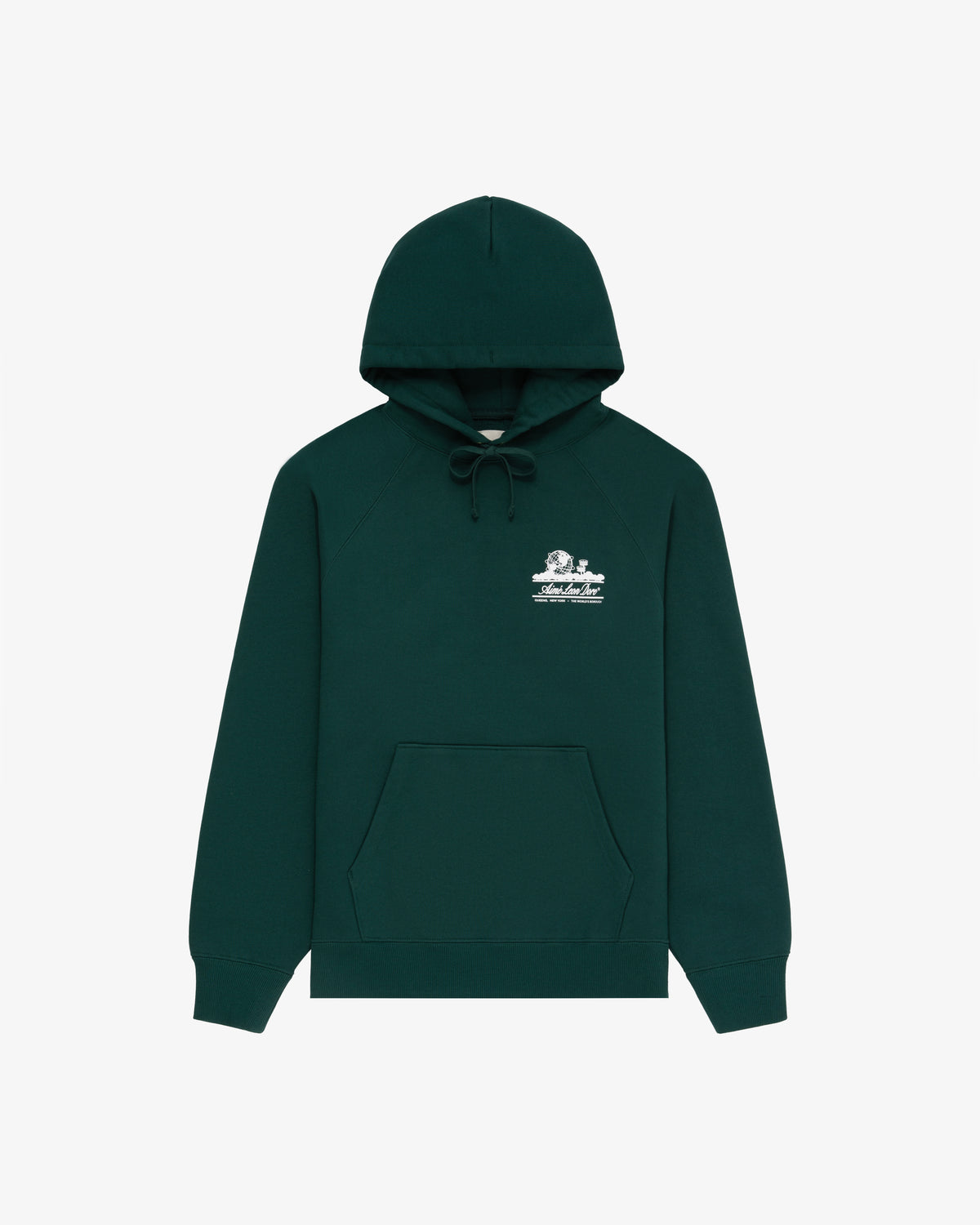 Unisphere Hoodie in dark green with a front pocket and small white graphic on the left chest.