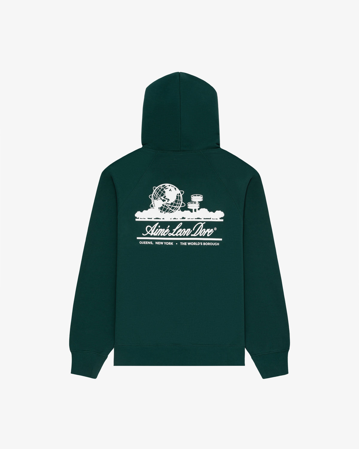 Dark green Unisphere Hoodie with white globe, towers, and Aimé Leon Dore graphic on the back.