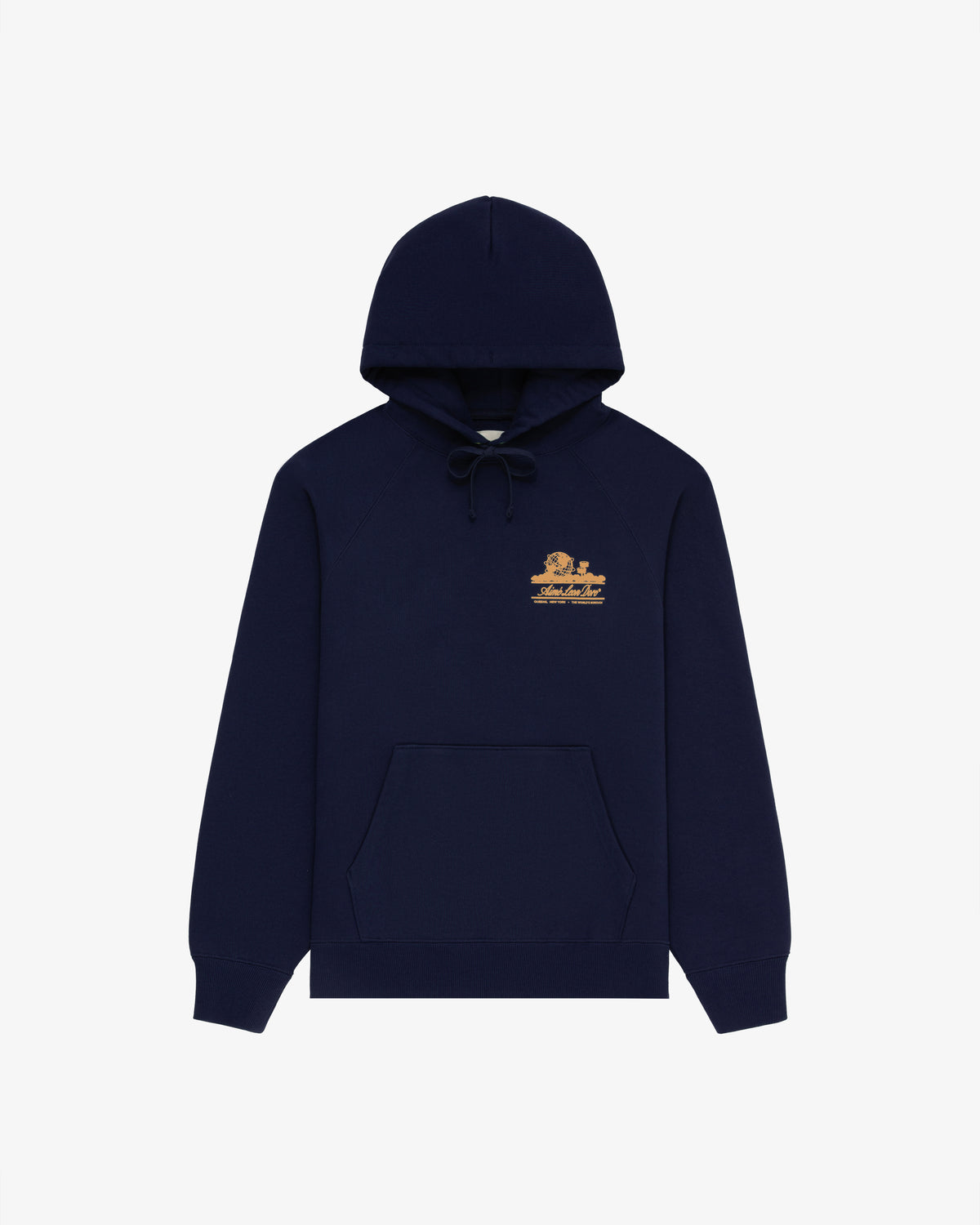 Unisphere Hoodie in navy blue with gold embroidered logo on left chest and front kangaroo pocket.