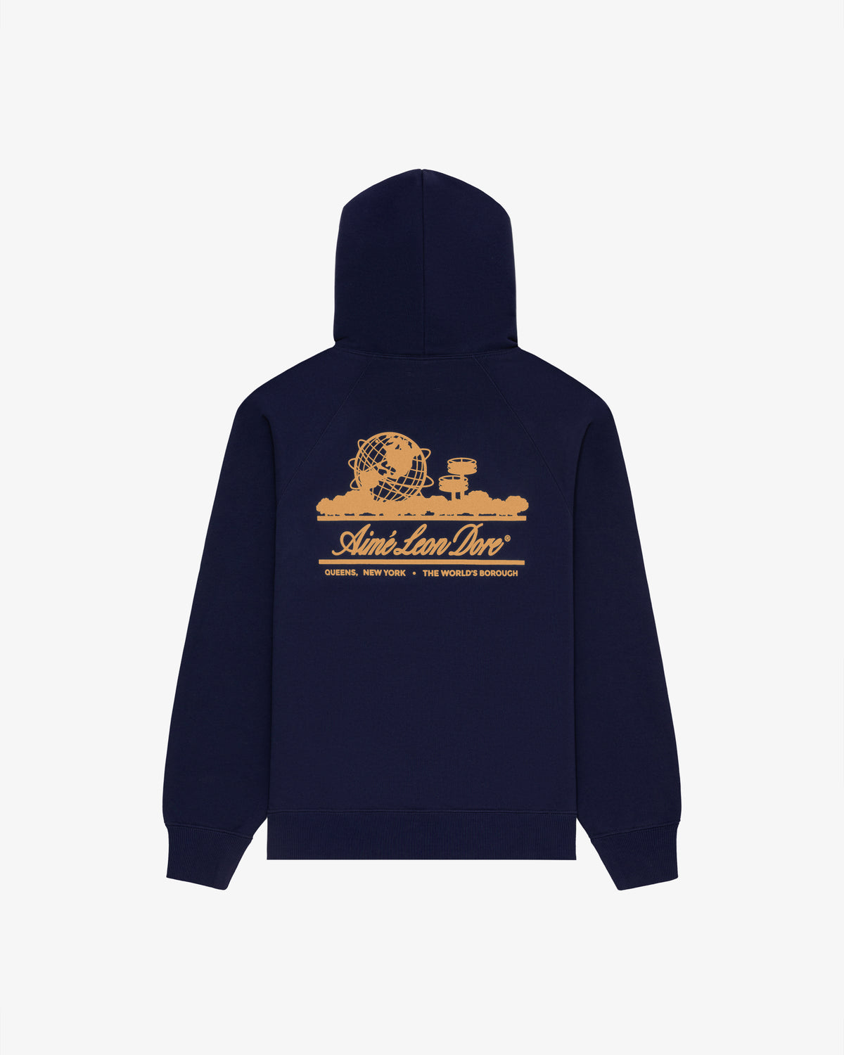 Unisphere Hoodie: Navy with yellow back graphic and text, featuring a globe and cityscape design.
