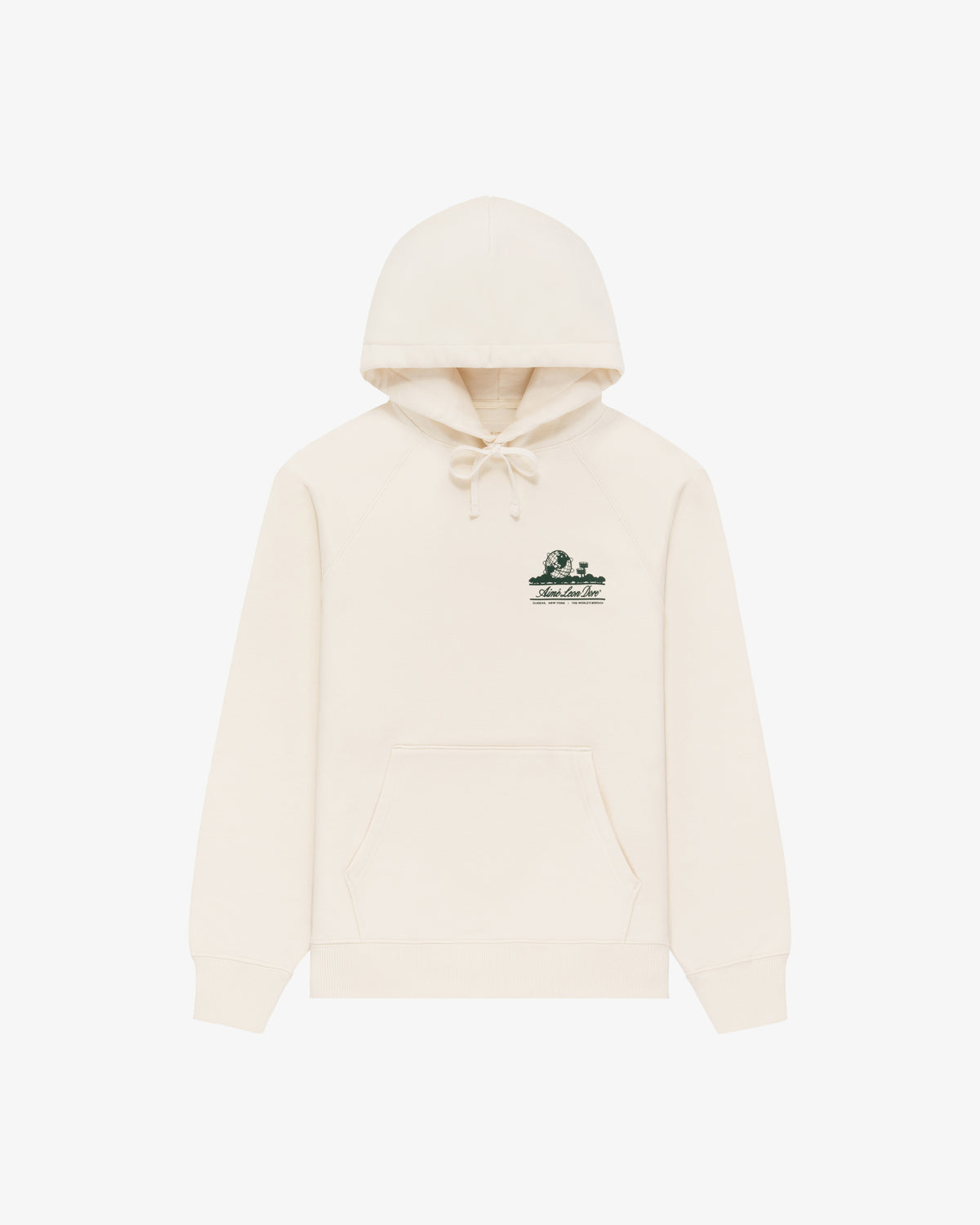 Unisphere Hoodie in cream with a front pocket and small green embroidered graphic on the left chest.